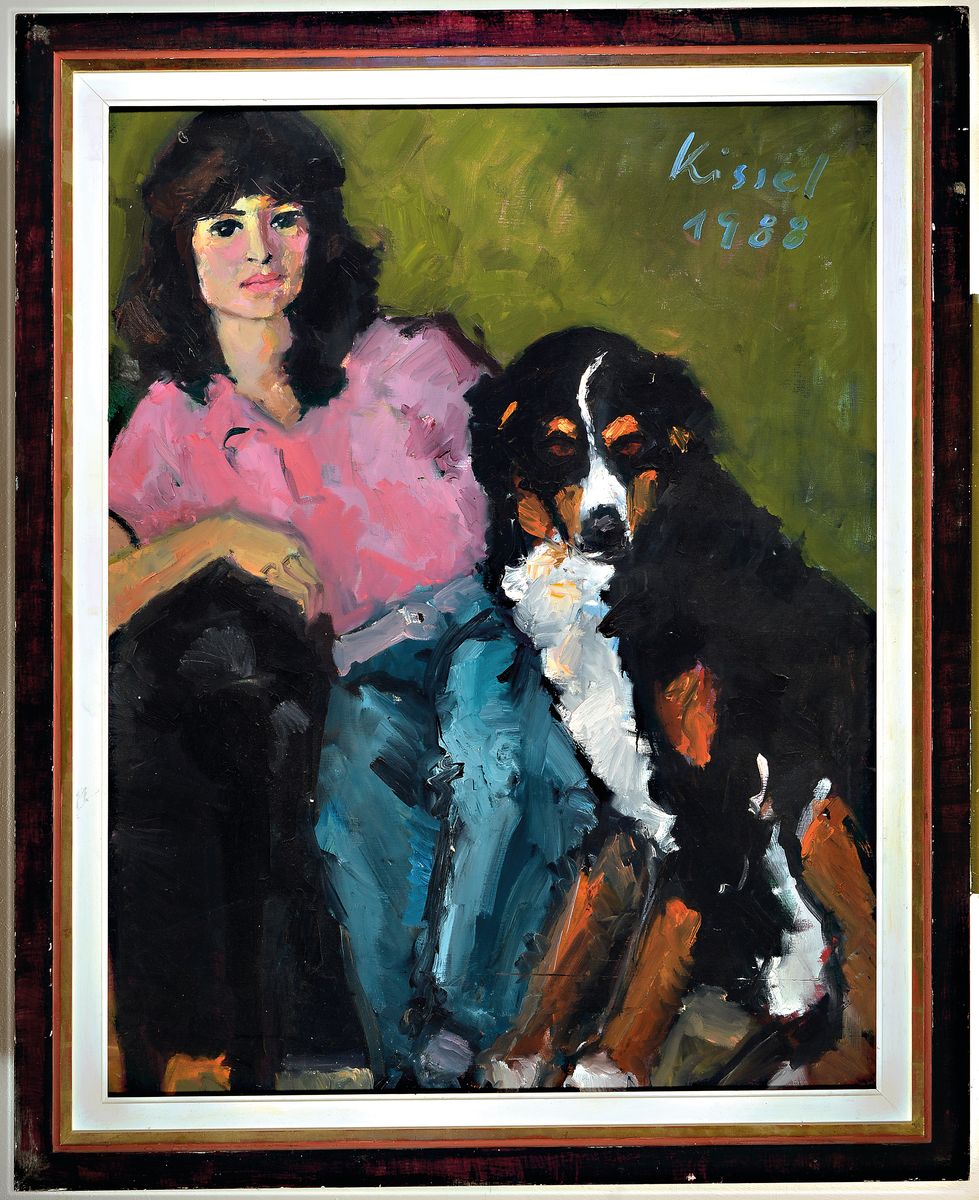 Detail k: Gernot Kissel, 1939 Worms-2008, aus dem Atelier Kissel, großformatiges Damenbildnis mit Berner Sennenhund, junge Frau mit dunklen Haaren und pinkem ...