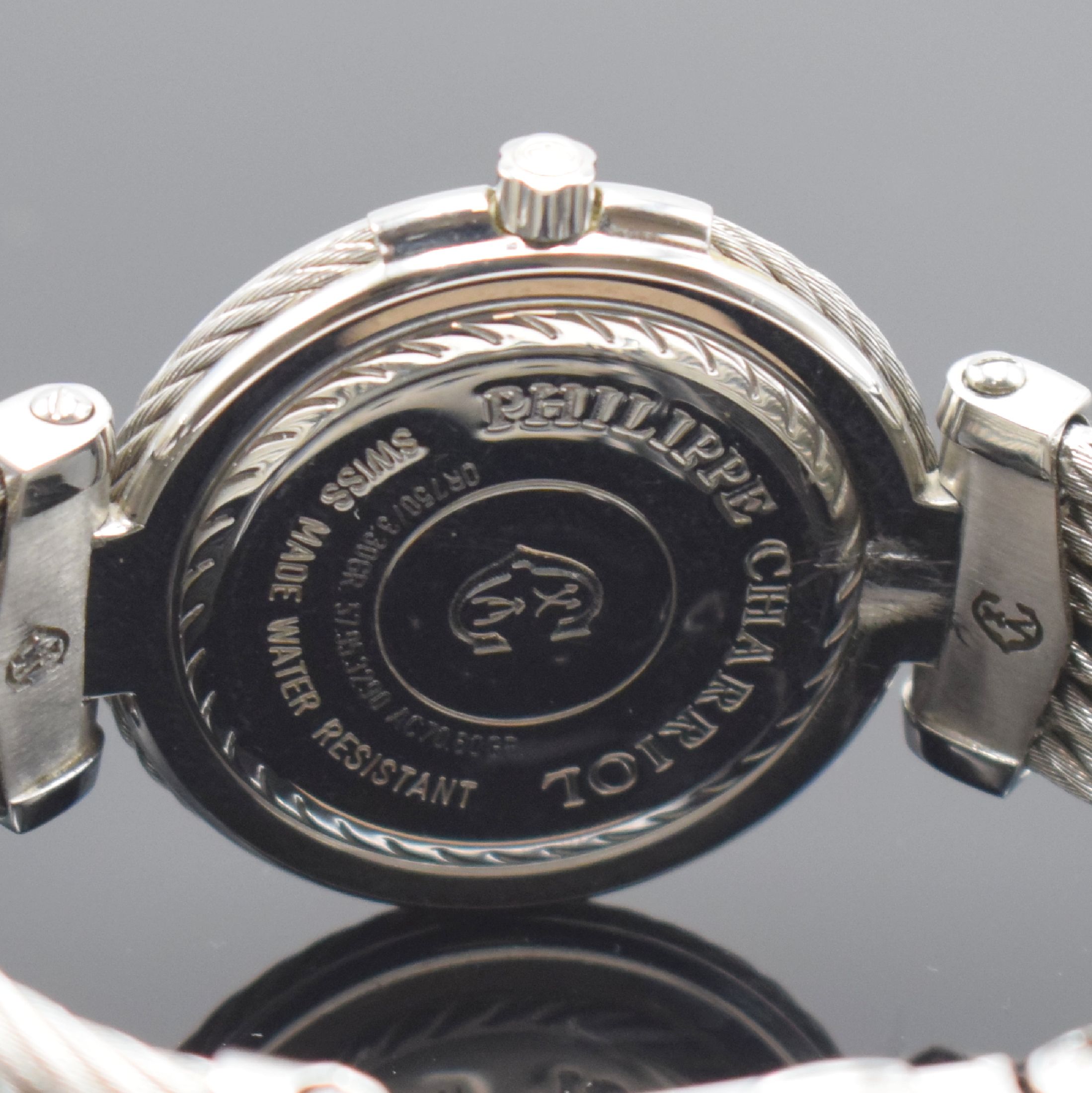 Detail c: PHILIPPE CHARRIOL Herrenarmbanduhr, Schweiz um 1997, quarz, z. T. verg. Edelstahlgeh. inkl. Stahlband, Boden aufgedr., weißes Zifferbl. mit aufges. ...