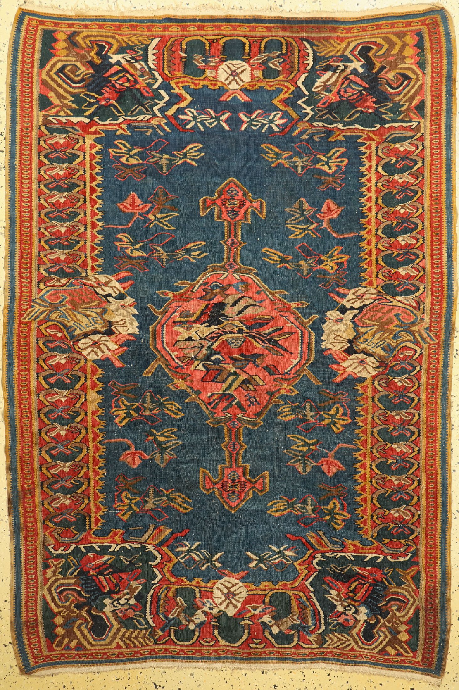 Senneh Kelim antik, Persien, um 1900, Wolleauf Baumwolle, ca. 195 x 133 cm, EHZ: 3 Restaurierungsbedürftig