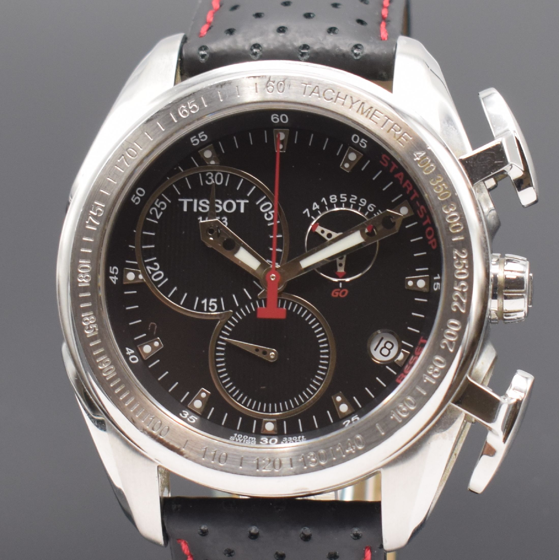 Detail a: TISSOT T-Sport Racing Herrenarmbanduhr mit Chronograph, Schweiz um 2010, quarz, großes Edelstahlgeh., Boden aufgedr., orig. Lederband m. orig. ...