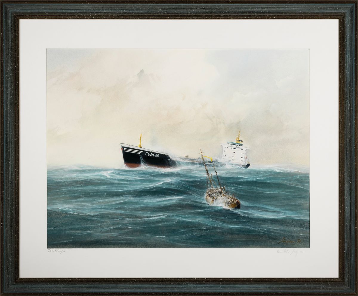 Detail k: Hans Peter Jürgens, 1924 Cuxhaven - 2011 Kiel -Holtenau, Kapitänbild, Frachter T.M.S. Conger, Gouache auf Papier, re. u. signiert und auf PP. ...