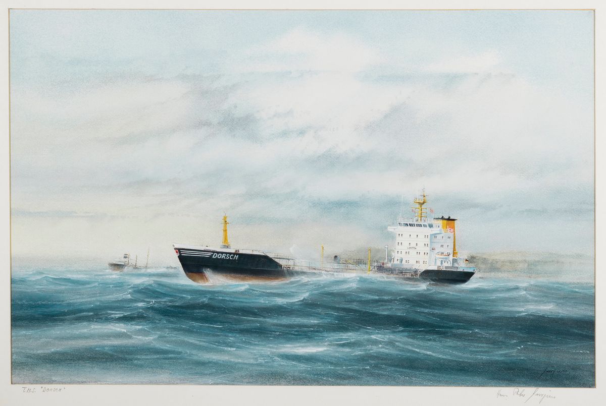 Hans Peter Jürgens, 1924 Cuxhaven - 2018 Kiel-Holtenau, Kapitänsbild T.M.S. Dorsch, Gouache auf Papier, re. u. signiert und auf PP. nochmals ...
