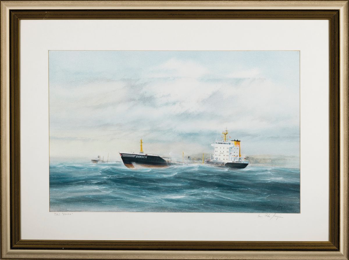 Detail k: Hans Peter Jürgens, 1924 Cuxhaven - 2018 Kiel-Holtenau, Kapitänsbild T.M.S. Dorsch, Gouache auf Papier, re. u. signiert und auf PP. nochmals ...