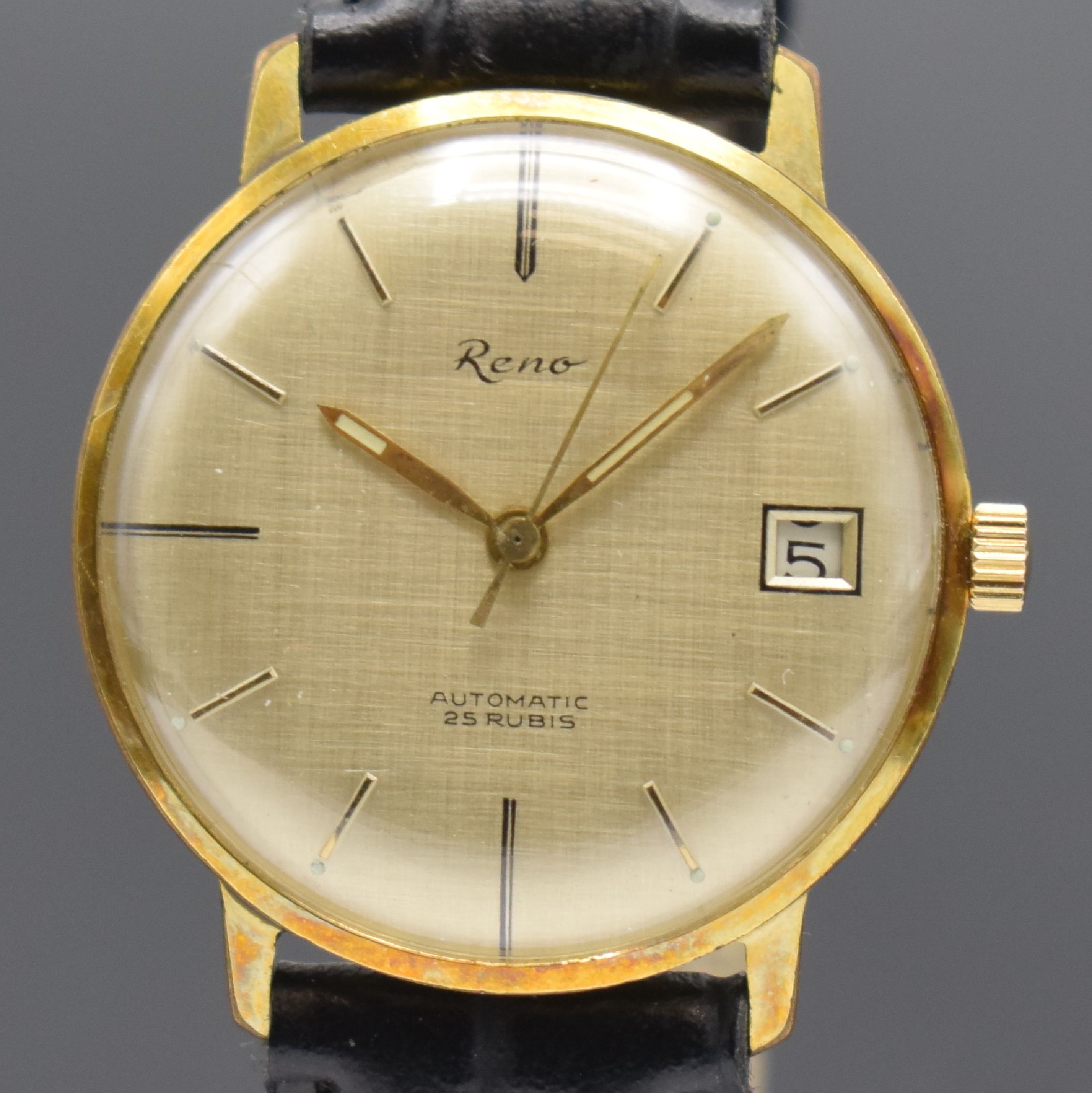 Detail e: ONSA in GG 750/000 und RENO im vergoldeten Gehäuse, 2 Herrenarmbanduhren, Schweiz und Deutschland um 1960, beide Automatik, Böden aufgedr., 1) ONSA ...