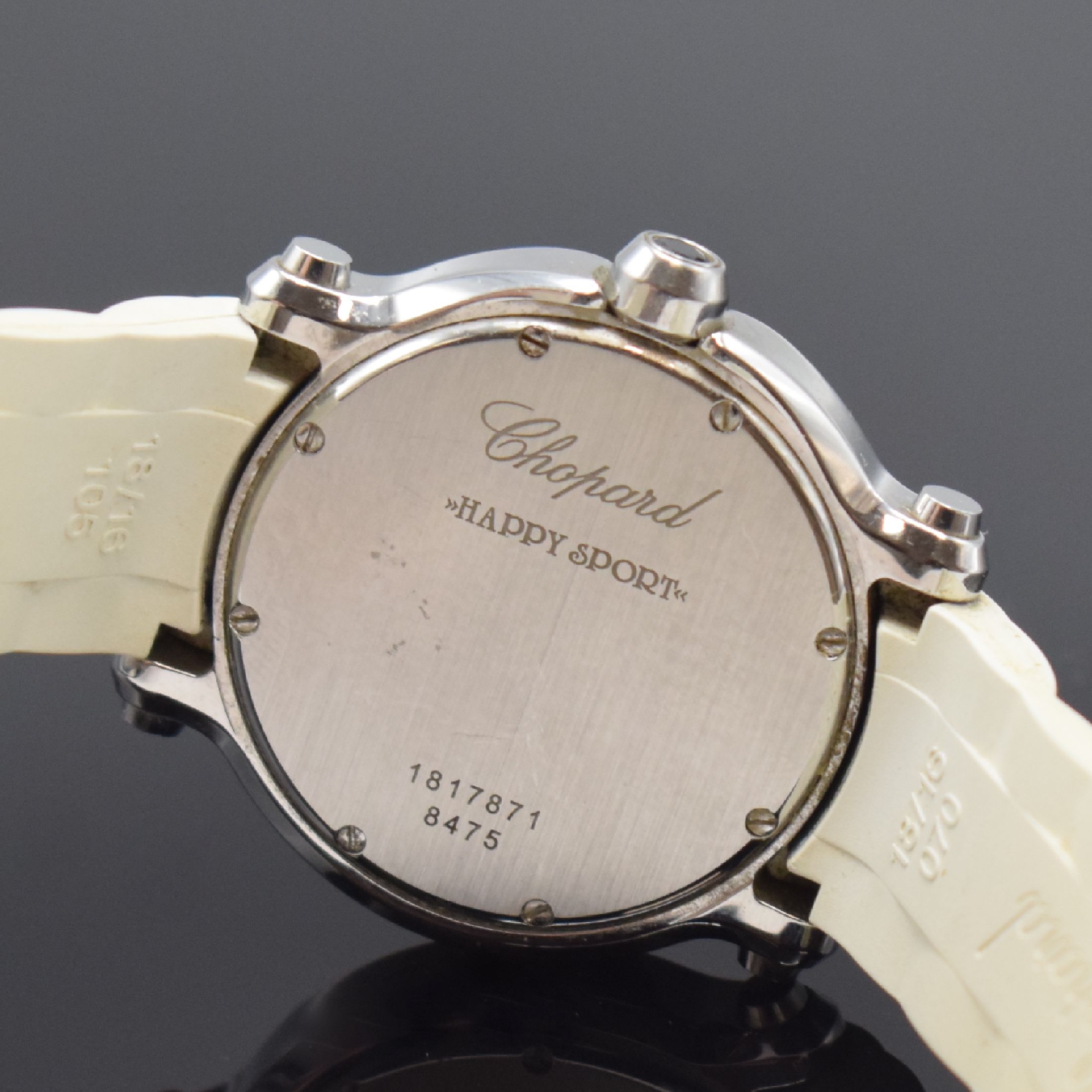 Detail d: CHOPARD Happy Sport Damenarmbanduhr in Stahl Referenz 8475, Schweiz verk. lt. beil. Pap. 02/2015, quarz, Boden 8-fach verschr., Schmuckkrone m. ...