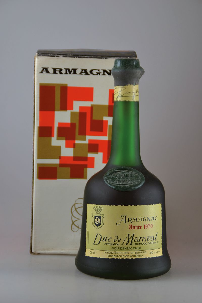 1 Flasche 1970 Armagnac Duc de Maravat, Vic -Fezensac, ca. 700ml, 40% Vol., guter Erhaltungszustand, in Originalkarton