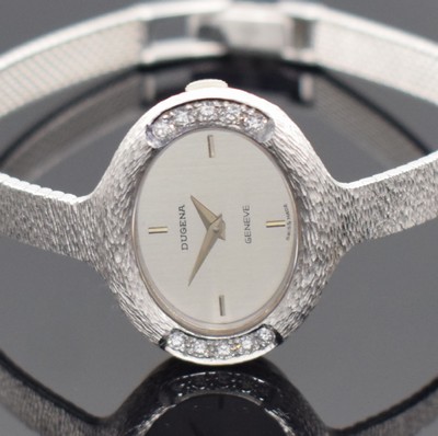 26587752a - DUGENA ladies wristwatch in white gold 14k, Switzerland, manual winding, bezel lavish set with diamonds approx. 0,30 ct, bracelet in white gold 14k, silvered dial, Dauphine-hands,calibre ETA 2412, 17 jewels, diameter approx. 28 mm, length approx. 17,5 cm, condition 1
