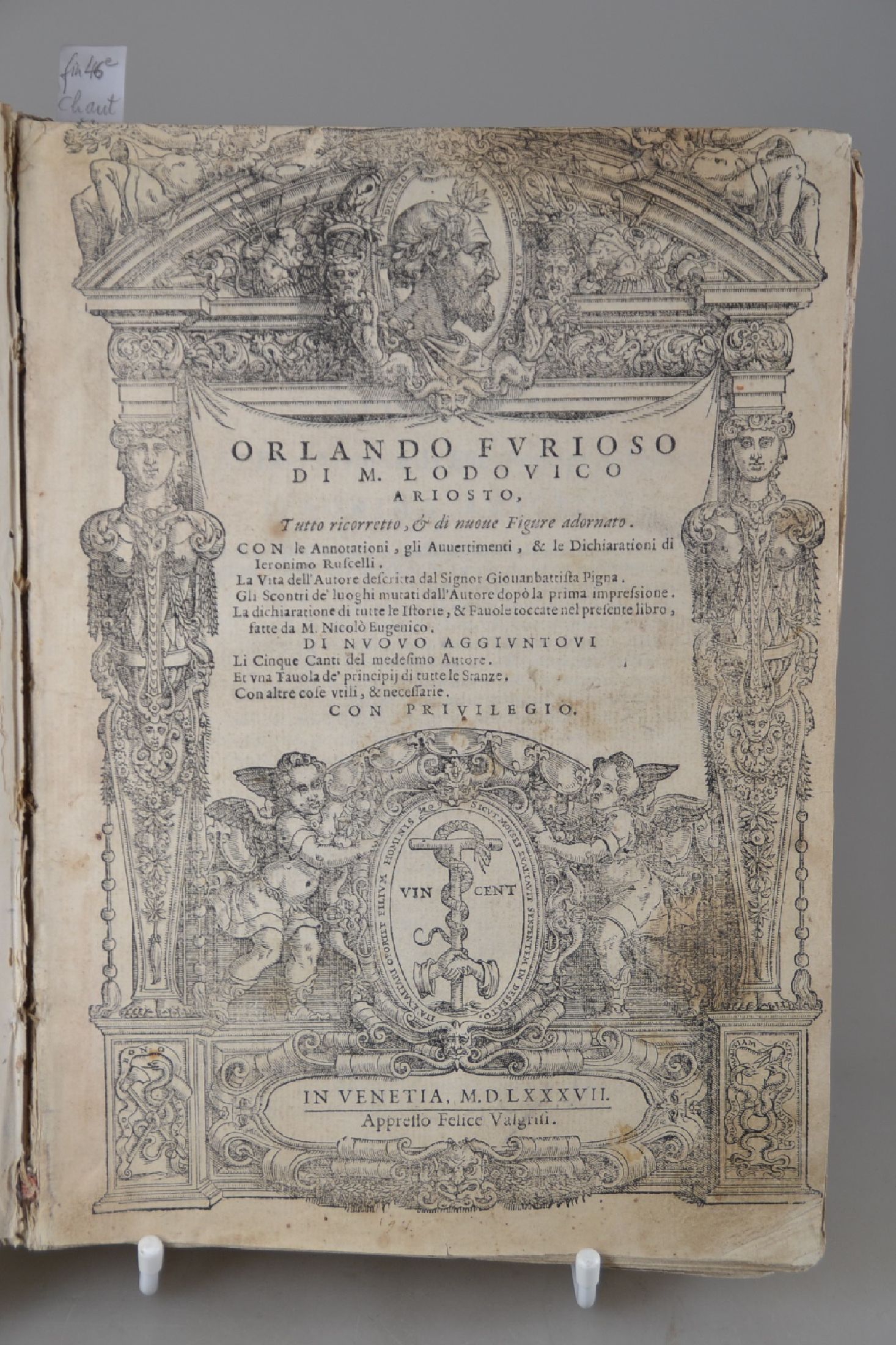 Ludovico Ariosto (1474-1533): Orlando Furioso.Tutto ricoretto & di nuove Figure adornato, Venedig, Valgrisi 1587, Versepos "Der rasende ...