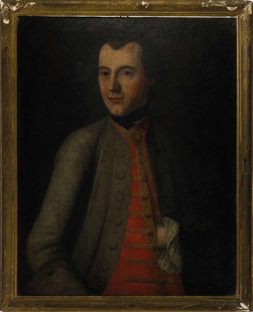 Detail k: Unbekannter Künstler des ausgehenden 18.Jh.,Bildnis eines eleganten Edelmannes, Hüftbild, "Napoleongeste" als Ausdruck politischen ...