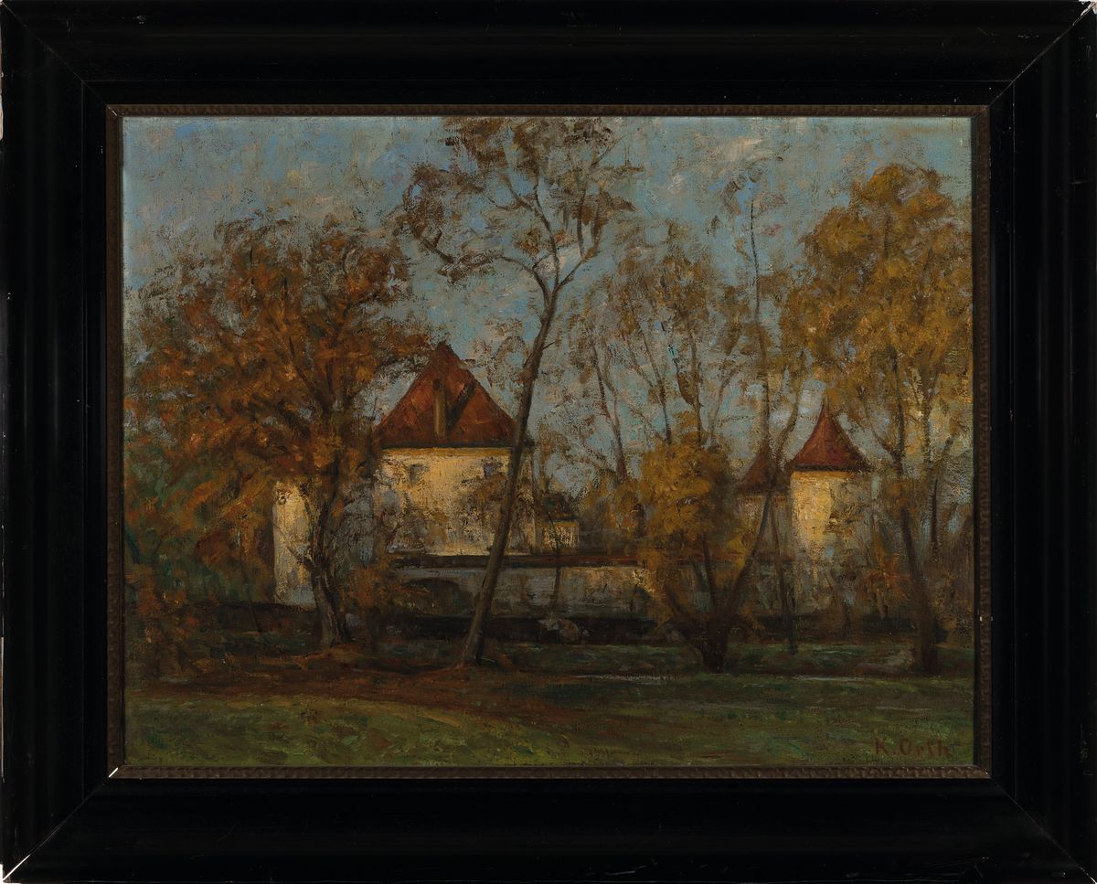 Detail k: Karl Orth, 1869 Kaiserslautern-1942 Pasing, Maler bayrischer Landschaften, Schüler von fritz Baer, Ansicht Schloss Blutenburg bei München, rechts ...