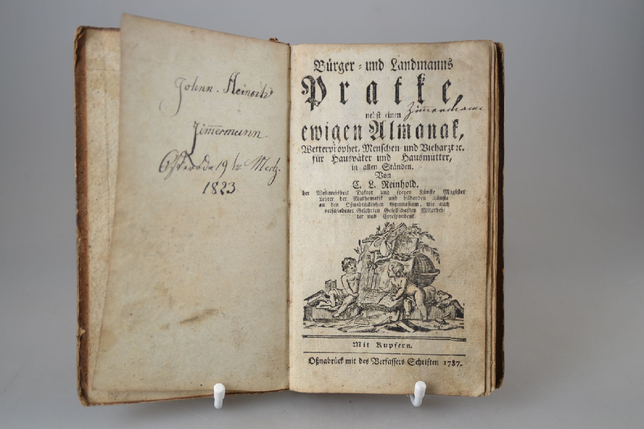 Carl Leonhard Reinhold (1757-1823): Bürger- und Landmanns Praktik nebst einem ewigen Almanak, Osnabrück 1787, 230 S. (39-44 fehlen), einige ...