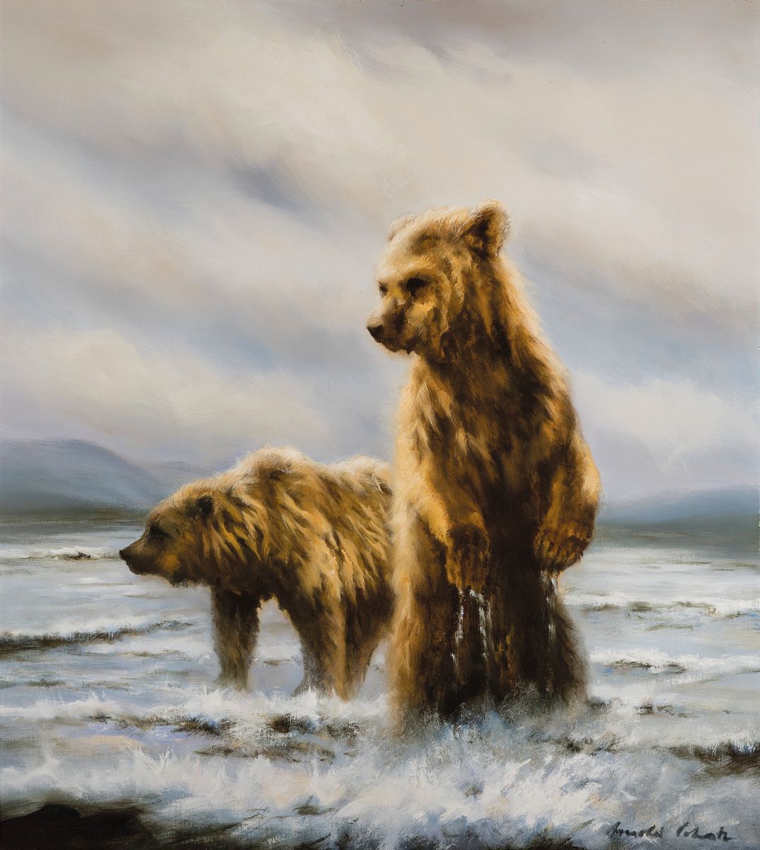 Arnold Schatz, 1929 Stepenitz/Pommern-1999 Bielefeld, Braunbären, Öl/Lwd, rechts unten sign., ca. 100x90cm, R. ca. 103x113cm, Rahmen besch., mit ...