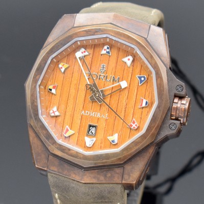 26589902a - CORUM gents wristwatch Admiral´s Cup AC-One 45 Bronze reference 082.500.53/0F62 AW02, self winding, on both sides gold-plated Bronze case including original leather strap with butterfly buckle, screwed down case back, wood-dial with raised nautical pennants, display of hour, minutes, sweep seconds & date, dodecagonal bezel, diameter approx. 45 mm, original box & blank papers, unworn, condition 1