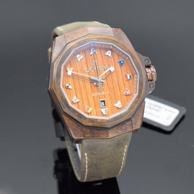 26589902b - CORUM gents wristwatch Admiral´s Cup AC-One 45 Bronze reference 082.500.53/0F62 AW02, self winding, on both sides gold-plated Bronze case including original leather strap with butterfly buckle, screwed down case back, wood-dial with raised nautical pennants, display of hour, minutes, sweep seconds & date, dodecagonal bezel, diameter approx. 45 mm, original box & blank papers, unworn, condition 1