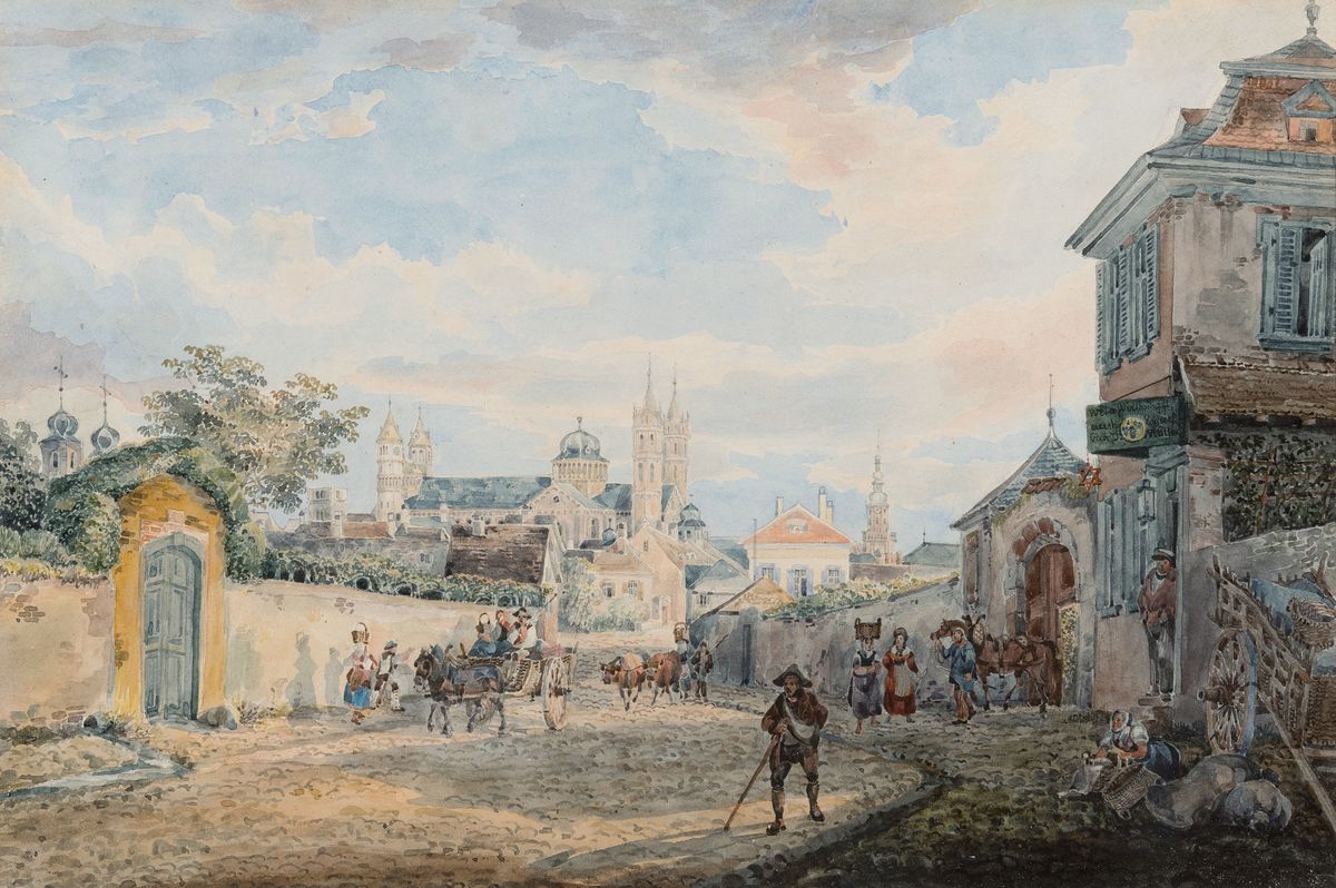 Joseph Adolf Müller, geb. 1811 Mainz, studierte 1830-32 in München, war tätig in Düsseldorf, hier: "Worms vom Speyer Tor aus", Blick ...