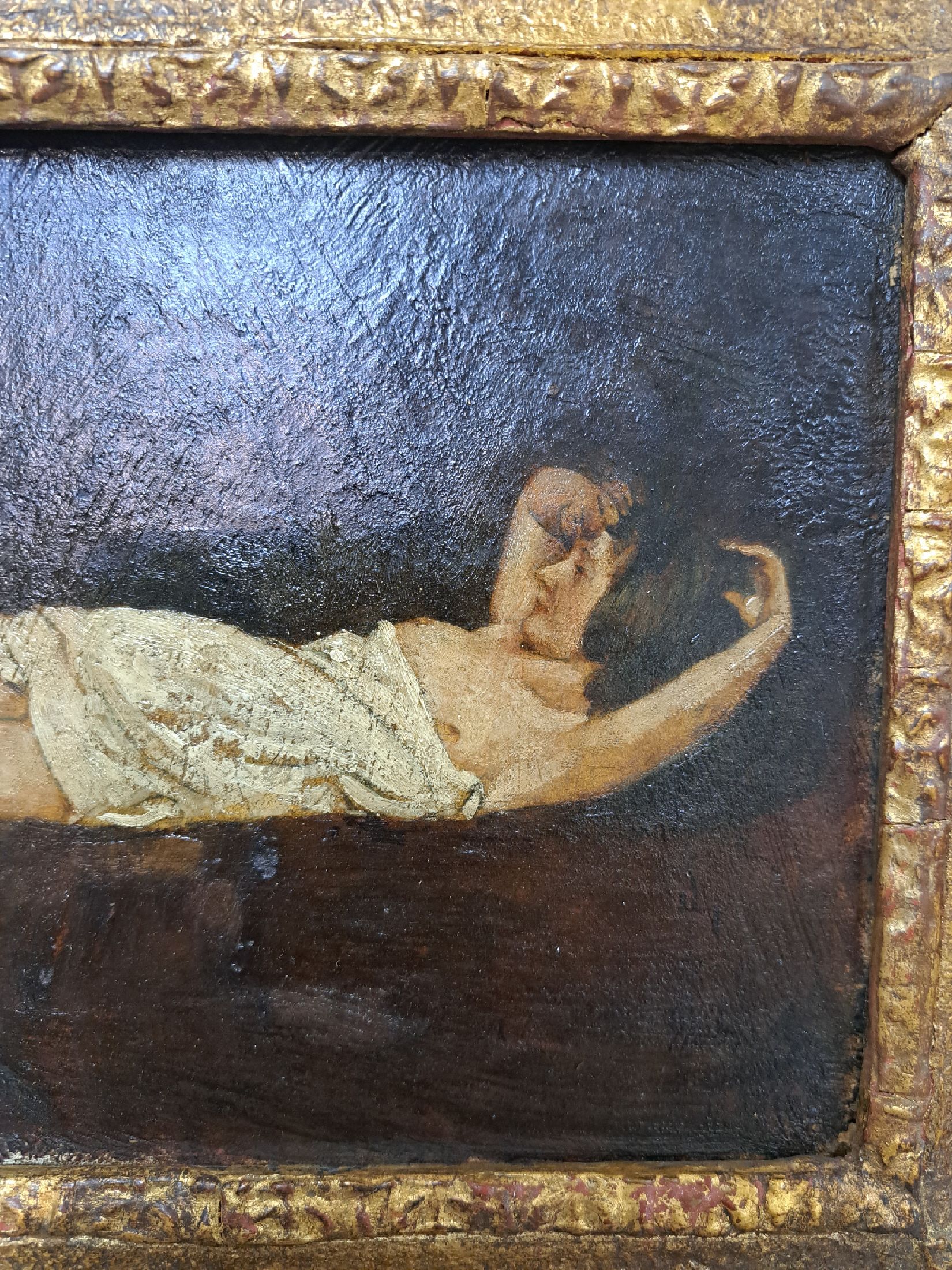 Detail a: Armin Glatter, 1861 Kaschau-1931 Budapest, liegender Halbakt, Öl/Holzplatte, rechts unten schwer lesbar signiert (schwarz auf braun), ca. 20x30cm, ...