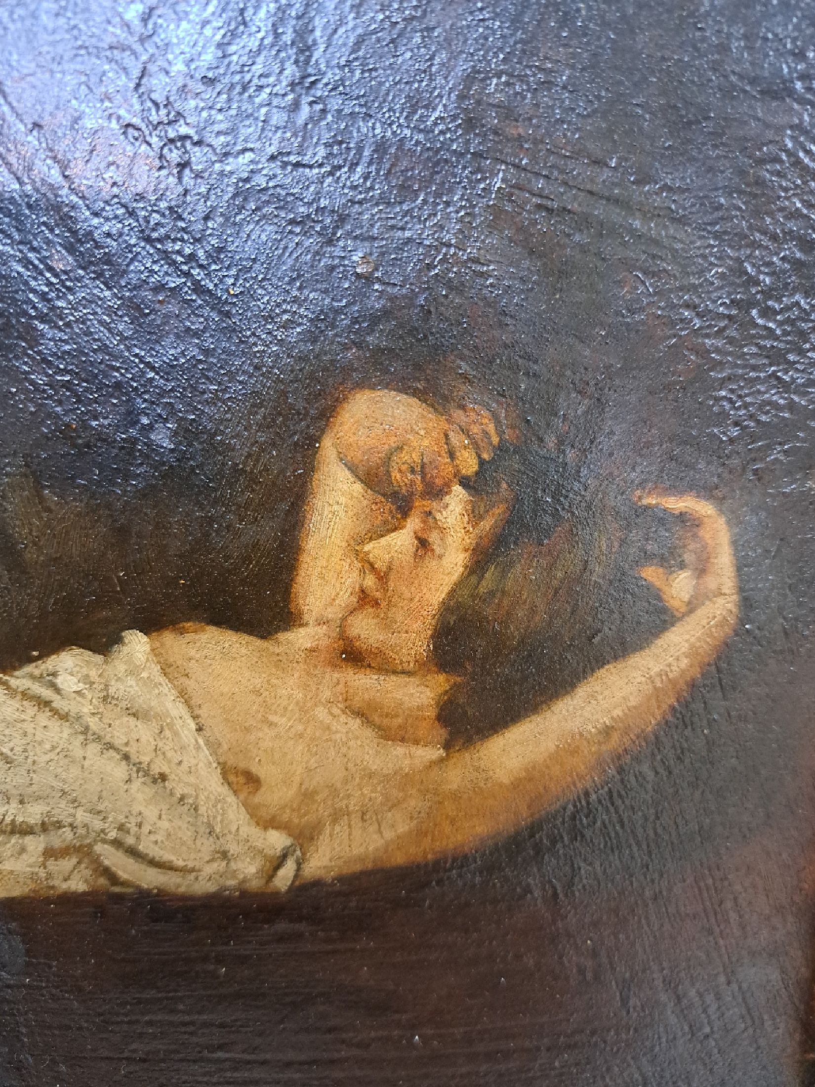 Detail c: Armin Glatter, 1861 Kaschau-1931 Budapest, liegender Halbakt, Öl/Holzplatte, rechts unten schwer lesbar signiert (schwarz auf braun), ca. 20x30cm, ...