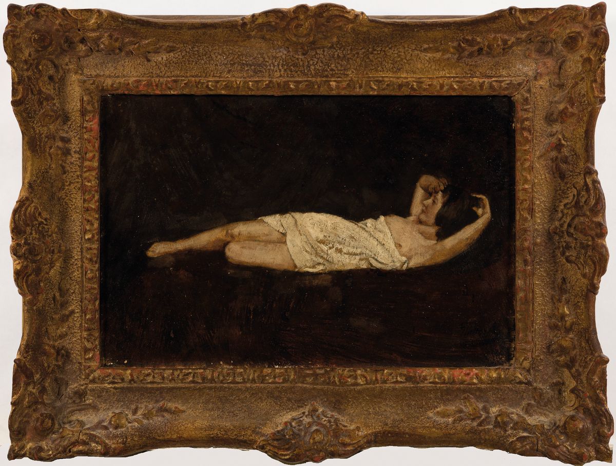 Detail k: Armin Glatter, 1861 Kaschau-1931 Budapest, liegender Halbakt, Öl/Holzplatte, rechts unten schwer lesbar signiert (schwarz auf braun), ca. 20x30cm, ...