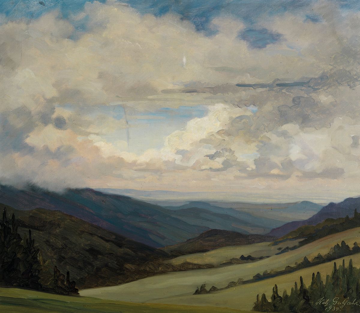 Heinrich Gutjahr, 1889 Mannheim-1973 Furtwangen, "Wolkenstimmung", Schwarzwald -Landschaft, auf Keilrahmen bez., signiert u. datiert 1943, ...