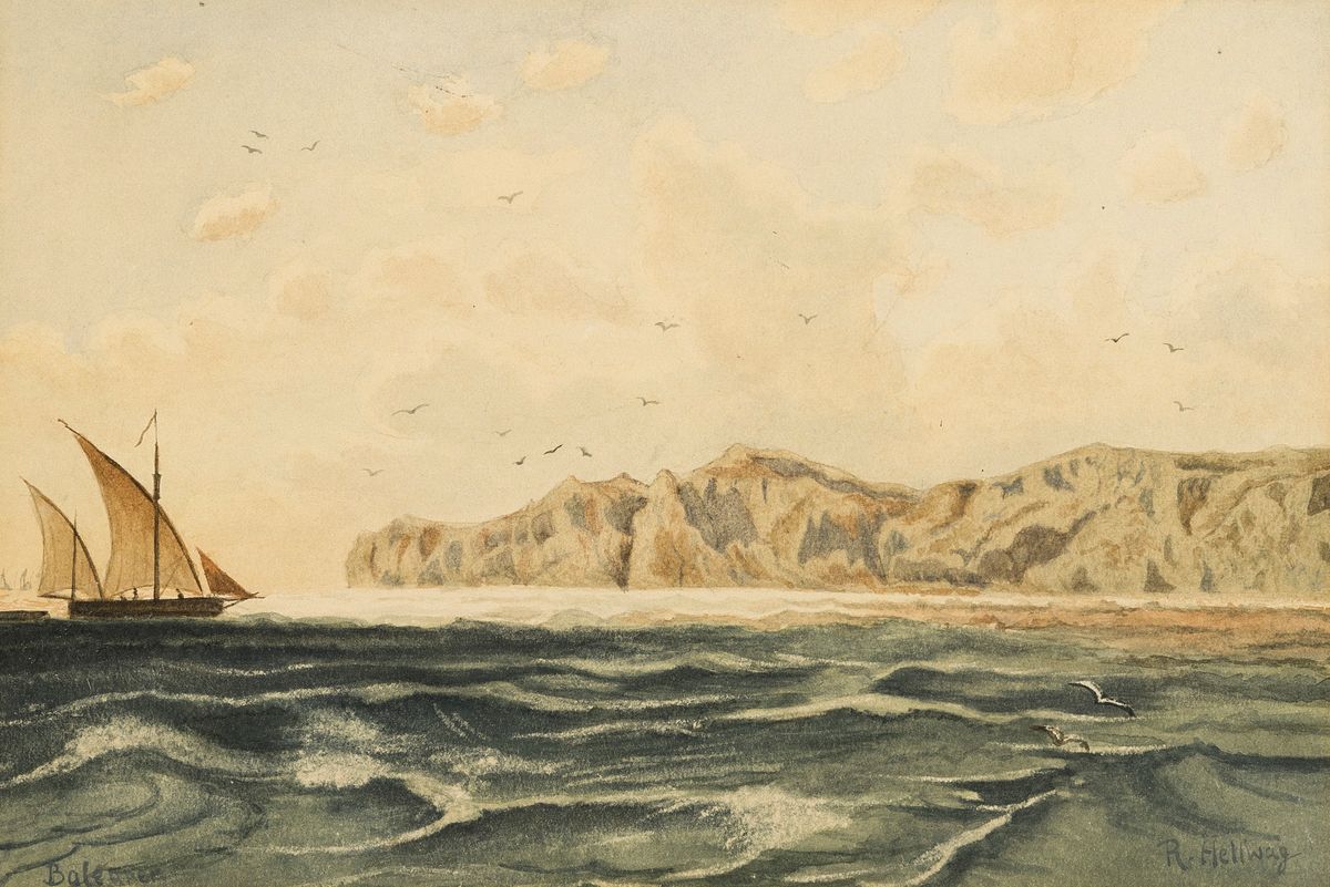 Rudolf Hellwag, 1867 Innsbruck-1942 Berlin, Studium an den Akademien München und Karlsruhe, Aquarell, Seestück, Segelschiff vor ...
