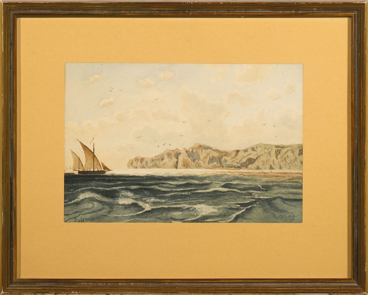 Detail k: Rudolf Hellwag, 1867 Innsbruck-1942 Berlin, Studium an den Akademien München und Karlsruhe, Aquarell, Seestück, Segelschiff vor ...
