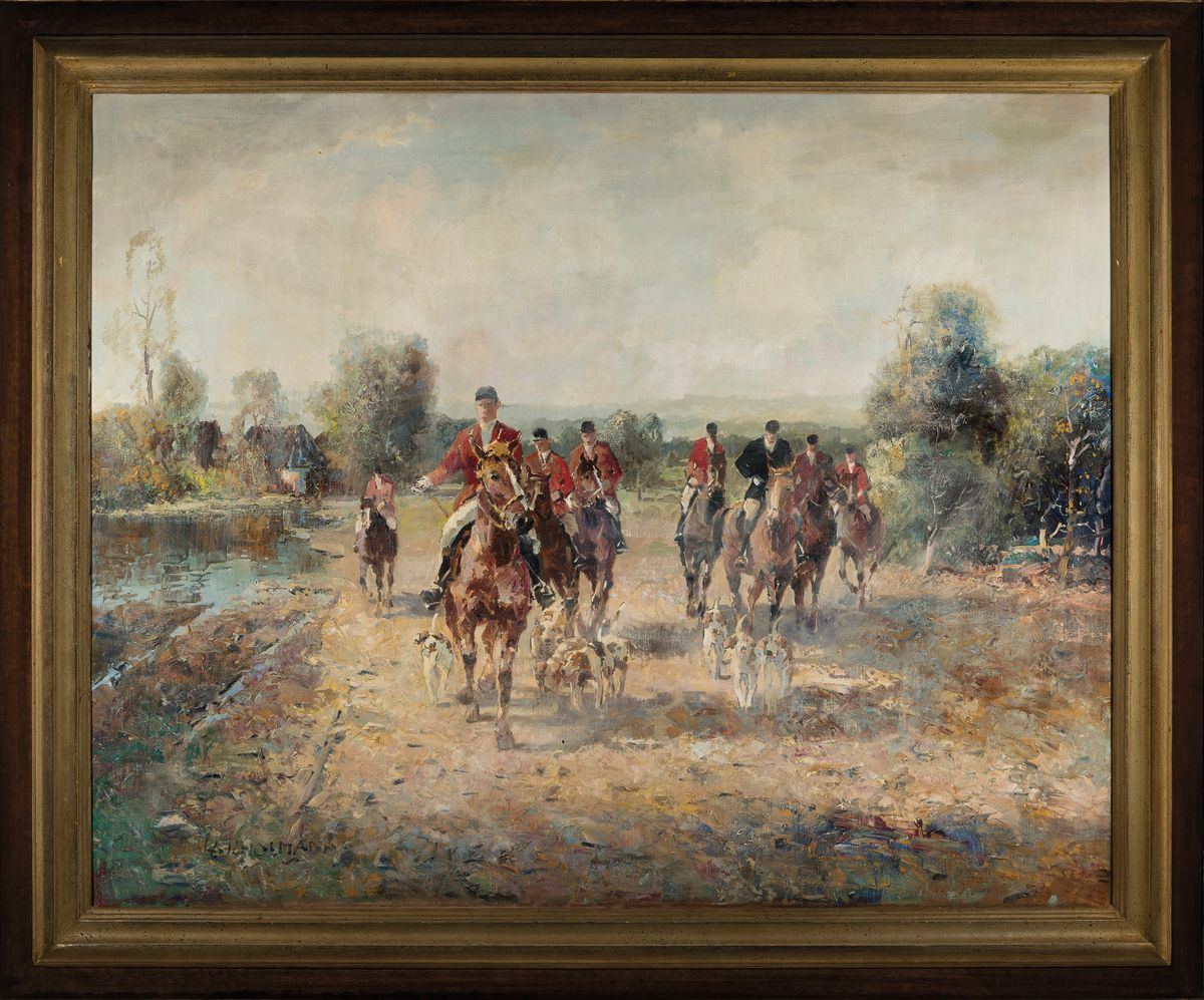Detail k: Ludwig Gschosmann, 1894 Straßburg-1988 Tegernsee, Parforce-Jagd, Öl/Lwd, links unten sign., ca. 80x100cm, R. ca. 99x119cm