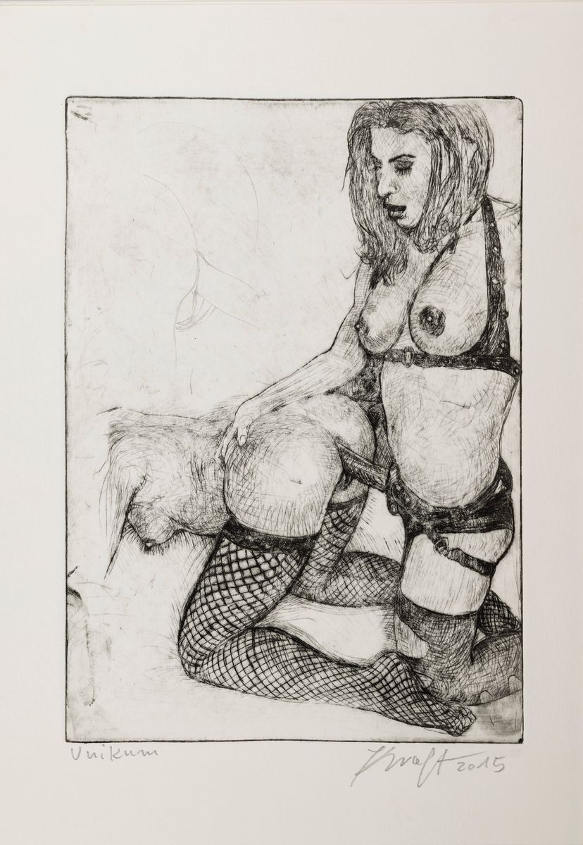 Kraft, Zeitgenössische Künstlerin, 3 Radierungen, 2 mit Übermalung, sign.. dat. 2 als Unikum bezeichnet, je ca.29,5x21 cm
