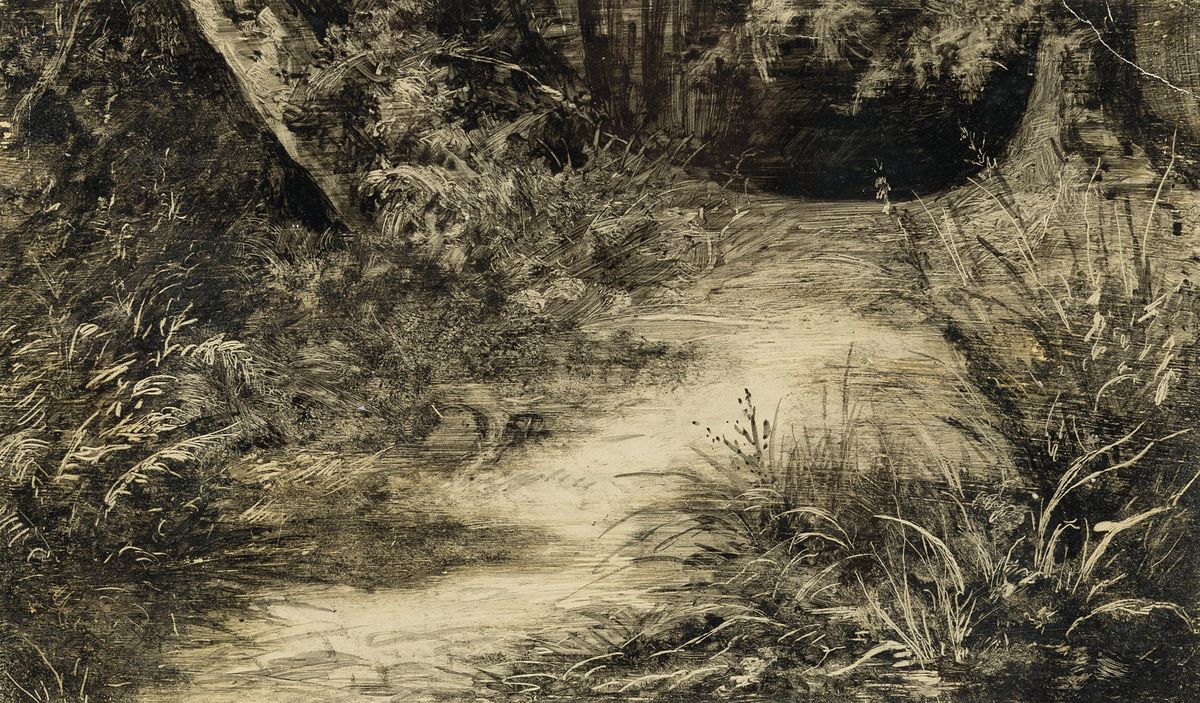 Frederick Juncker, gest. 1906 in Paris, Schüler von L. Cogniet, Lit. vgl. Bénézit, hier: 3 Mischtechniken in Aquarell und Tusche, 1.) Waldweg, ca. ...