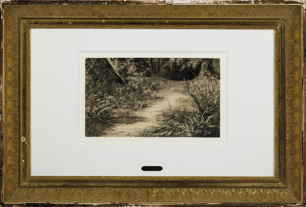 Detail k: Frederick Juncker, gest. 1906 in Paris, Schüler von L. Cogniet, Lit. vgl. Bénézit, hier: 3 Mischtechniken in Aquarell und Tusche, 1.) Waldweg, ca. ...
