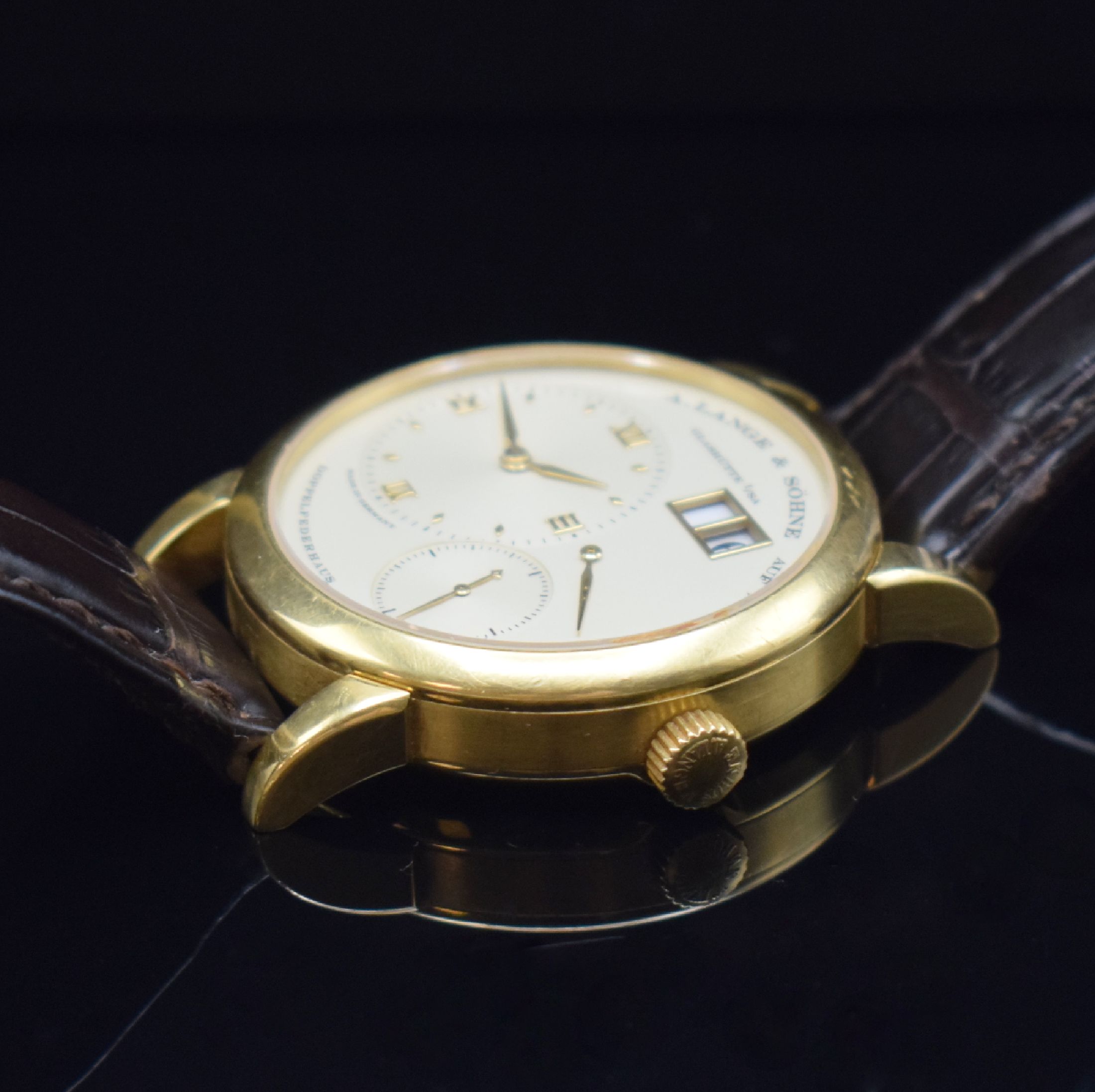 Detail f: A. LANGE & SÖHNE sehr seltene frühe Lange 1 Referenz 101.001 in GG 750/000, Deutschland um 1995, Handaufzug, 6-fach verschr. Geh., noch massiver ...