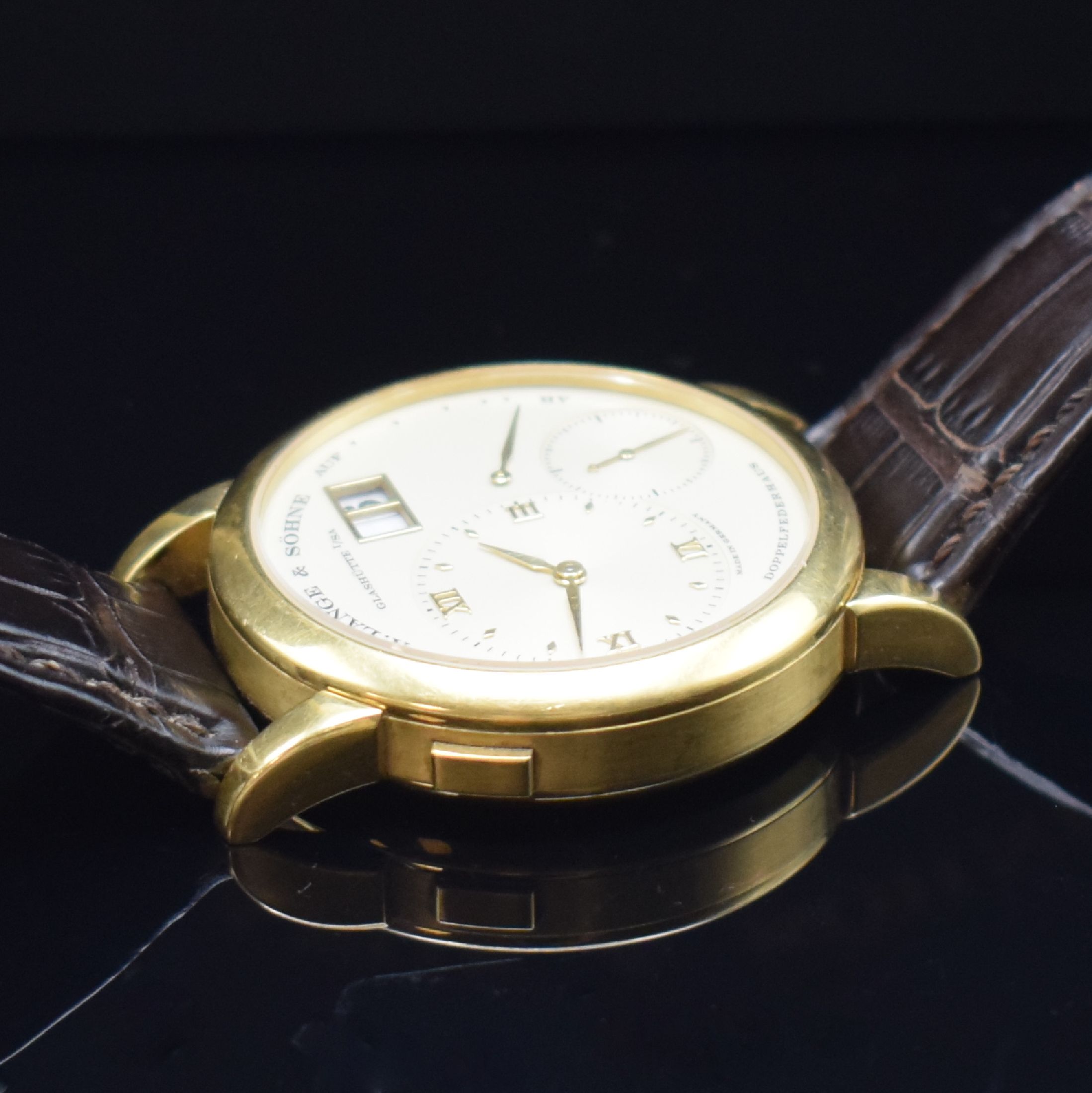 Detail h: A. LANGE & SÖHNE sehr seltene frühe Lange 1 Referenz 101.001 in GG 750/000, Deutschland um 1995, Handaufzug, 6-fach verschr. Geh., noch massiver ...