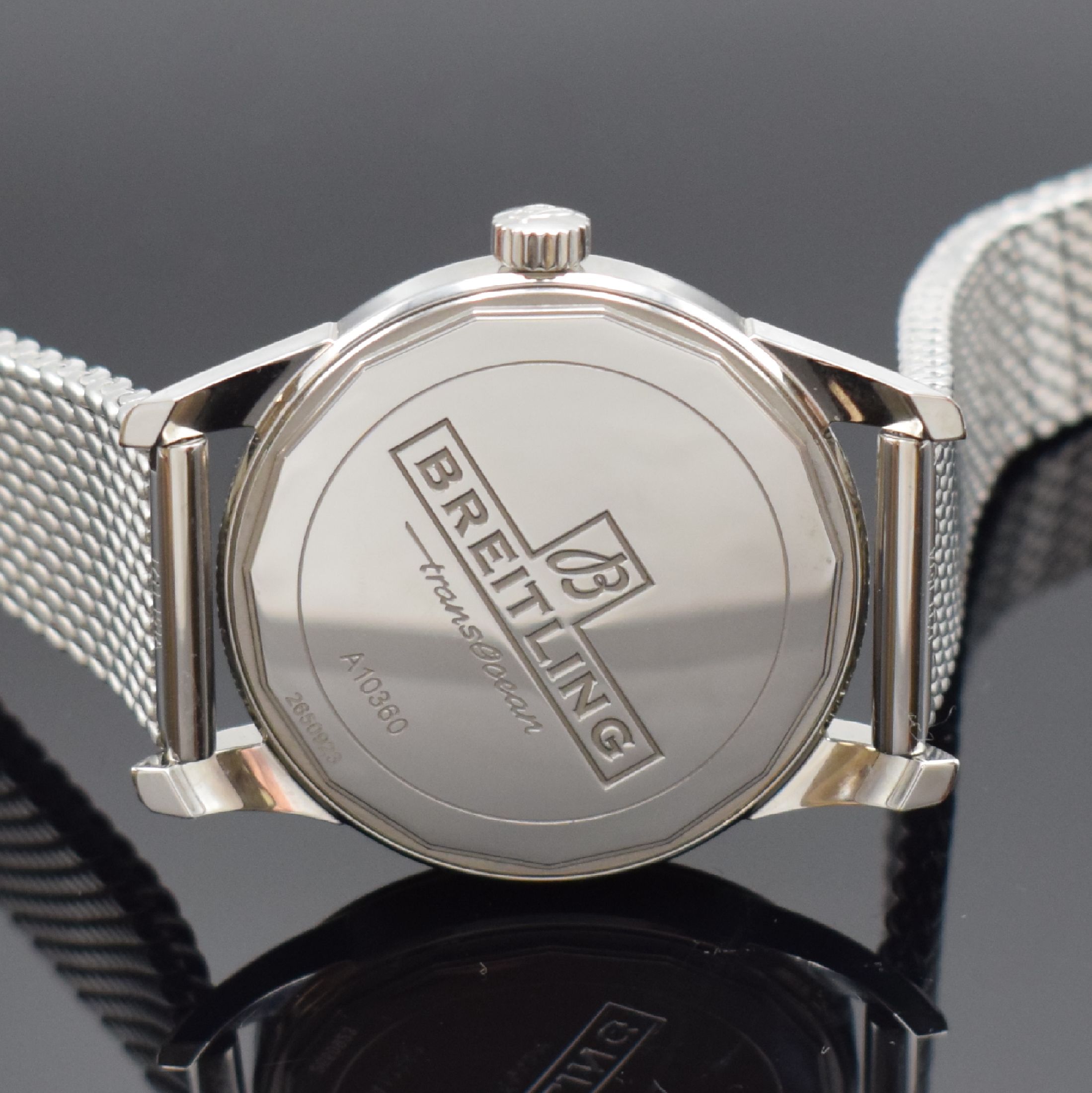 Detail d: BREITLING Transocean Herrenarmbanduhr in Stahl Referenz A10360, Schweiz lt. orig. Papier verk. 2012, Automatik, verschr. Geh. orig. Milanaiseband m. ...