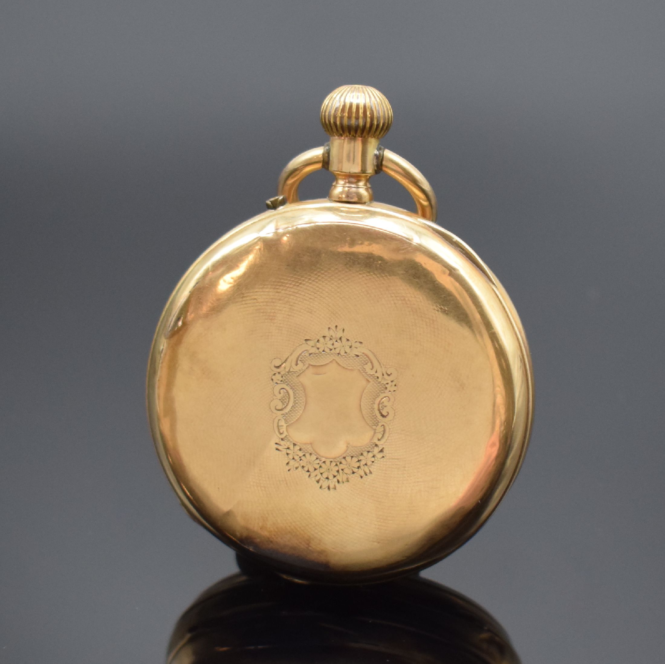 Detail a: Offene Taschenuhr in RG 585/000, Schweiz um 1890, guill. Geh. dell./berieb./rep., Metall- cuvette, Emailzifferbl. m. röm. Zahlen, kl. Sek. b. 6, ...