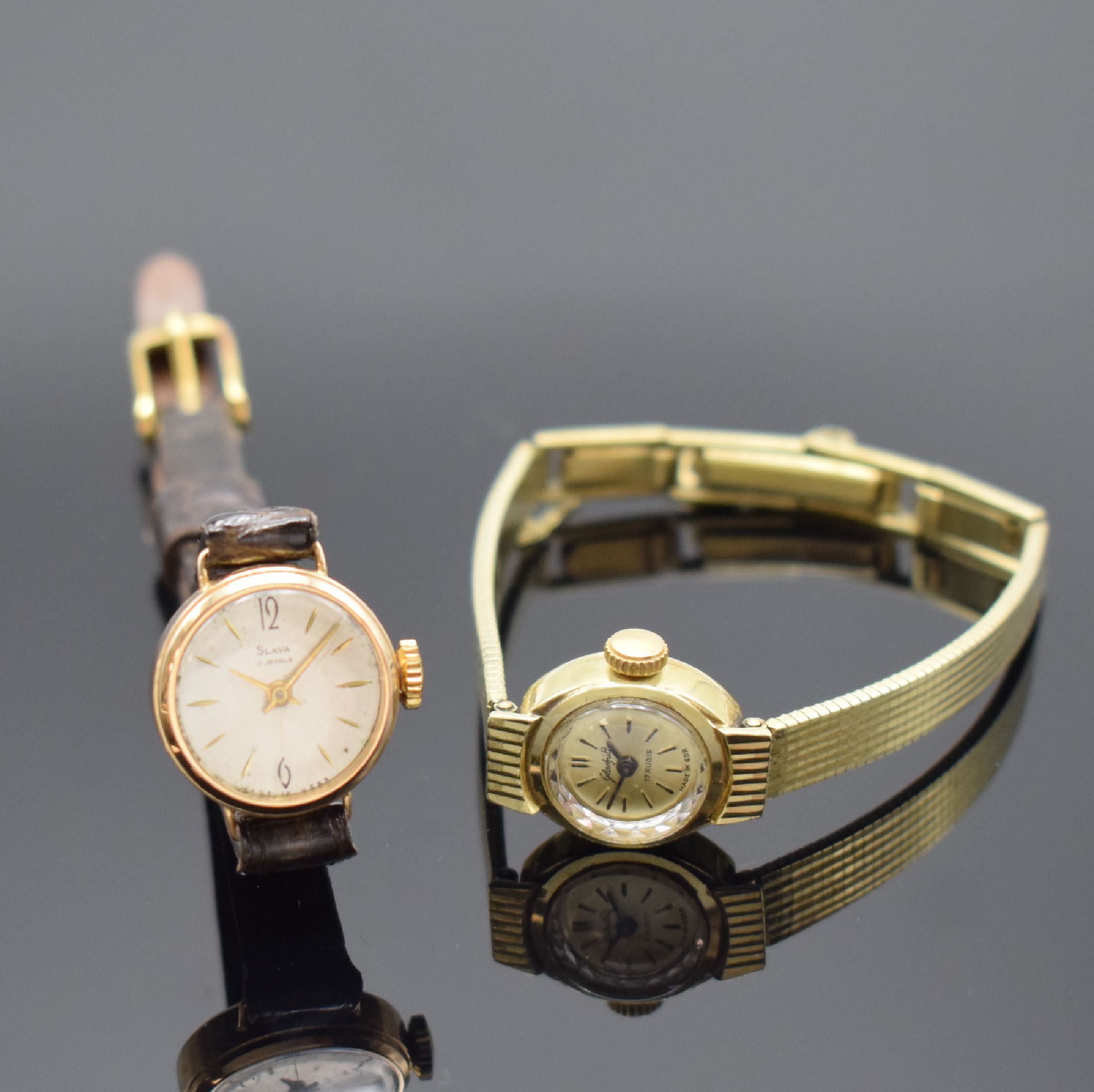 GUB Glashütte seltene Damenarmbanduhr in GG 585/000 sowie 1 weitere Damenuhr in Gold, Deutschland um 1970, Handaufzug, gedr. Geh. m. integr. orig. ...