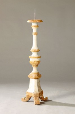 Image 26593141 - Large candlestick, German, 18th century, carved lime wood, painted cream and gold, H. approx. 77cm