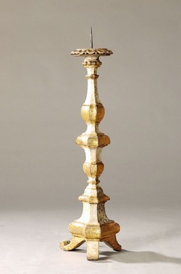 Image 26593142 - Large candlestick, German, 18th century, carved lime wood, painted cream and bronze, H.approx. 76 cm