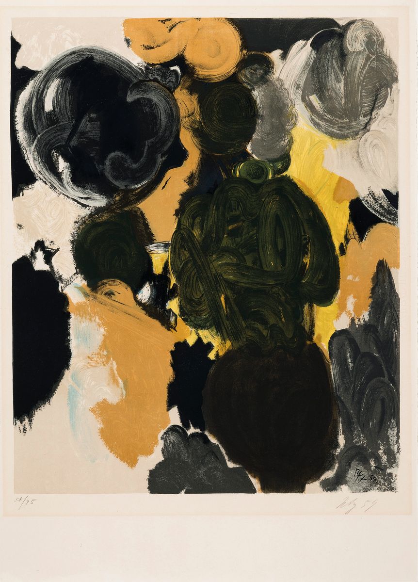 Ernst Wilhelm Nay, 1902 - 1968, Farblitho (NOR) 1959, num. 58/75, re. u. handsigniert, l. gebräunt und l. Lichtschaden durch ehemaliges PP., ...