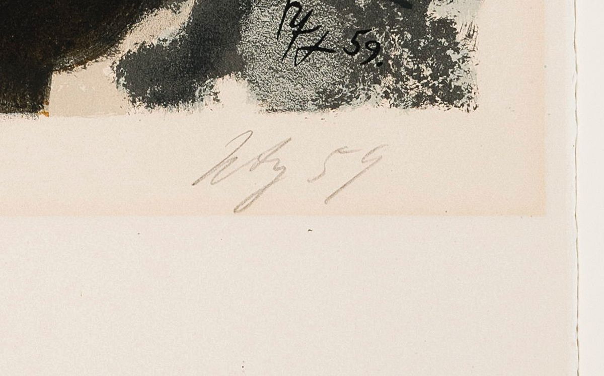 Detail a: Ernst Wilhelm Nay, 1902 - 1968, Farblitho (NOR) 1959, num. 58/75, re. u. handsigniert, l. gebräunt und l. Lichtschaden durch ehemaliges PP., ...