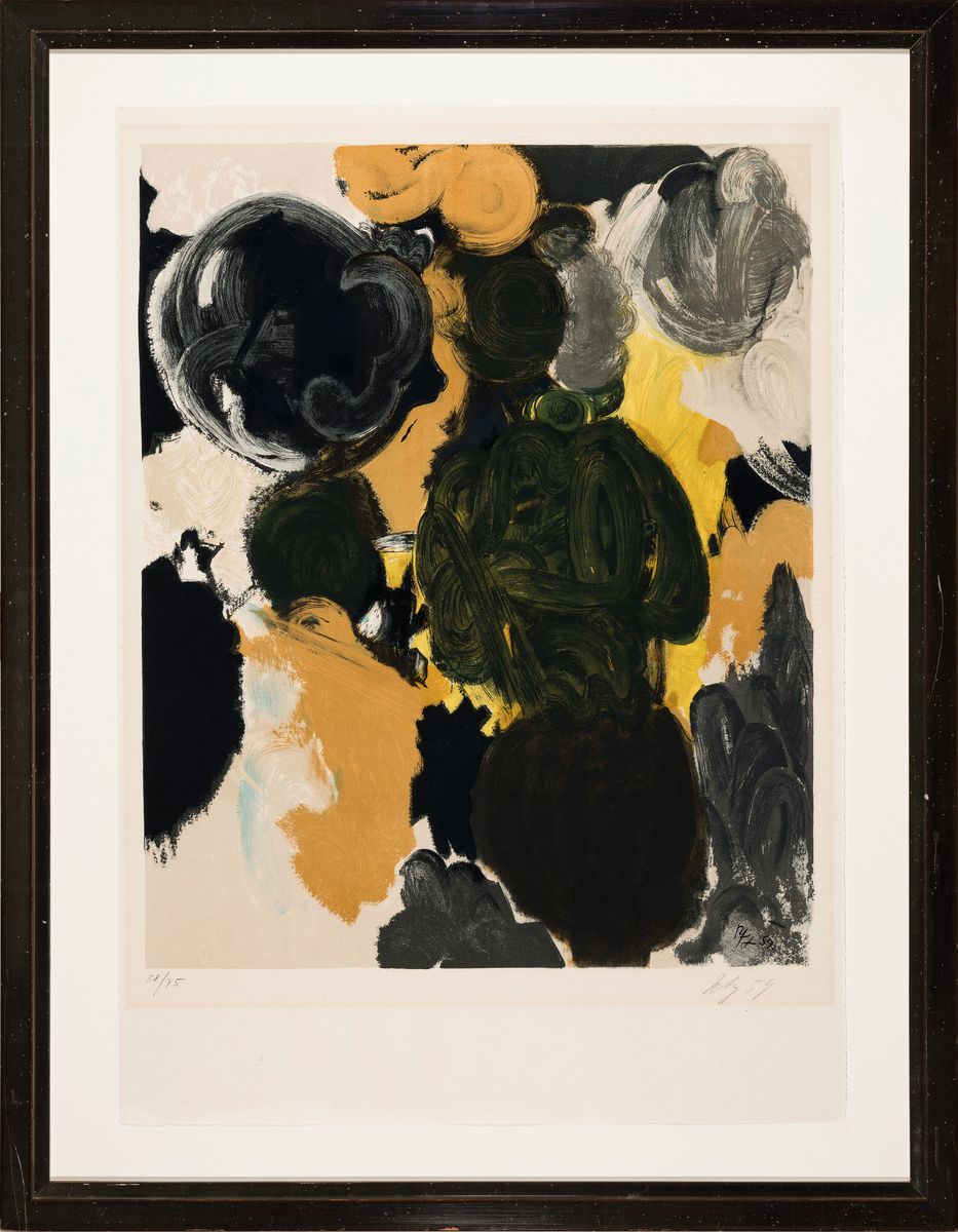 Detail k: Ernst Wilhelm Nay, 1902 - 1968, Farblitho (NOR) 1959, num. 58/75, re. u. handsigniert, l. gebräunt und l. Lichtschaden durch ehemaliges PP., ...