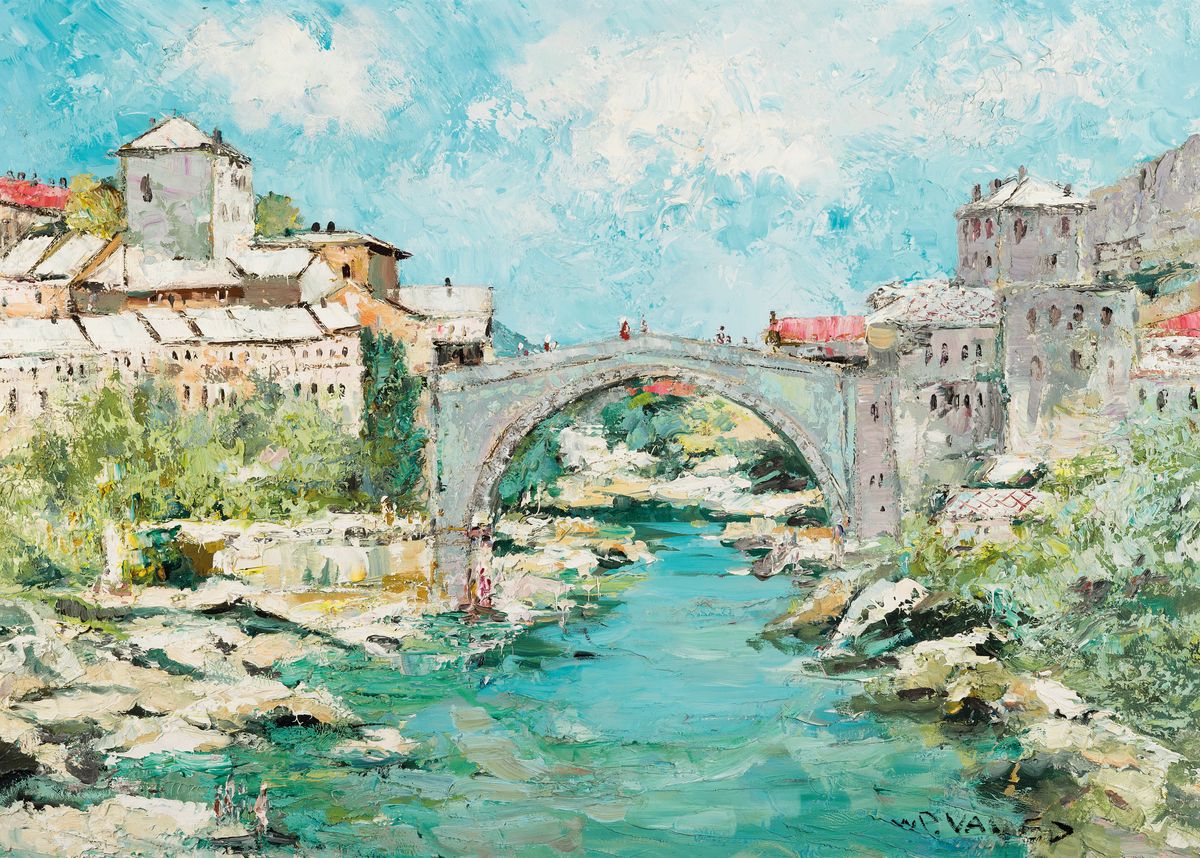 Prof. Walter Prescher van Ed, 1916 Dresden - 1988 Ottendorf, "Mostar- Stari Most", Alte Brücke in Mostar Bosnien-Herzegowina, Öl/Lwd, ...