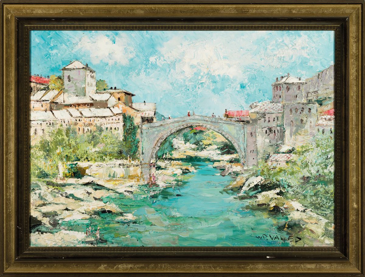 Detail k: Prof. Walter Prescher van Ed, 1916 Dresden - 1988 Ottendorf, "Mostar- Stari Most", Alte Brücke in Mostar Bosnien-Herzegowina, Öl/Lwd, ...