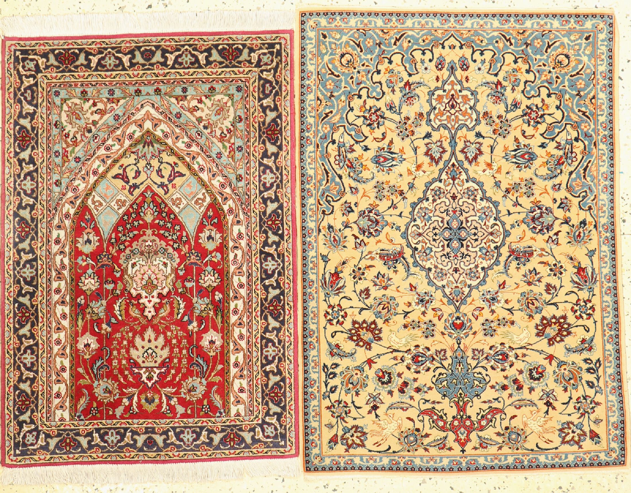 2 Persische Poshtis, Esfahan fein & Täbriz fein, ca. 50 Jahre, Korkwolle auf Seide, ca. 95 x 70 cm, EHZ: 2