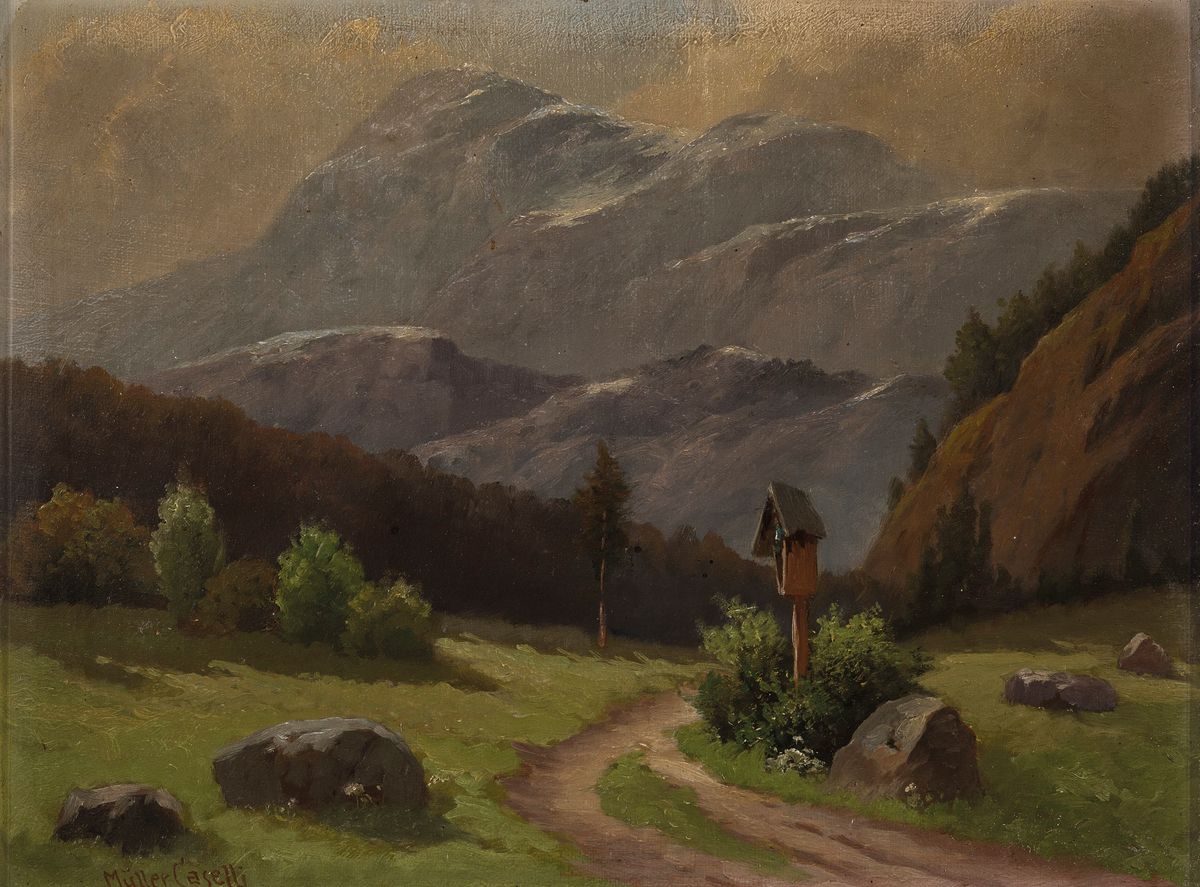 Müller-Caselli, frühes 20.Jh., Voralpenlandschaft mit Wegekreuz, Öl/Holz, links unten signiert, Rahmen, 37x46 cm