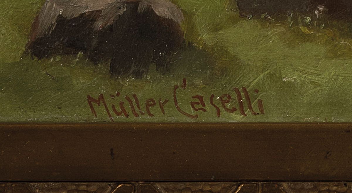 Detail a: Müller-Caselli, frühes 20.Jh., Voralpenlandschaft mit Wegekreuz, Öl/Holz, links unten signiert, Rahmen, 37x46 cm