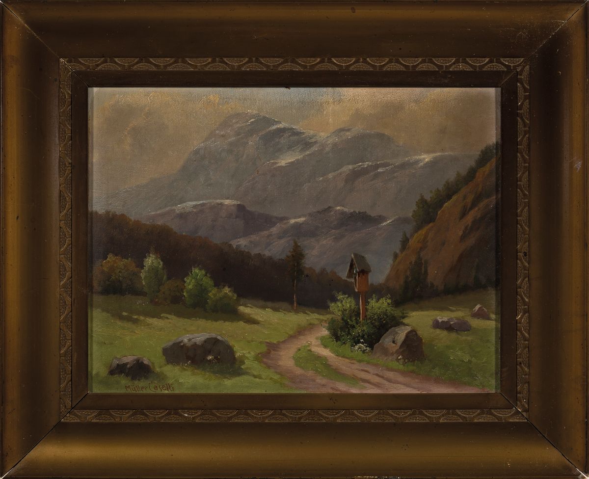 Detail k: Müller-Caselli, frühes 20.Jh., Voralpenlandschaft mit Wegekreuz, Öl/Holz, links unten signiert, Rahmen, 37x46 cm