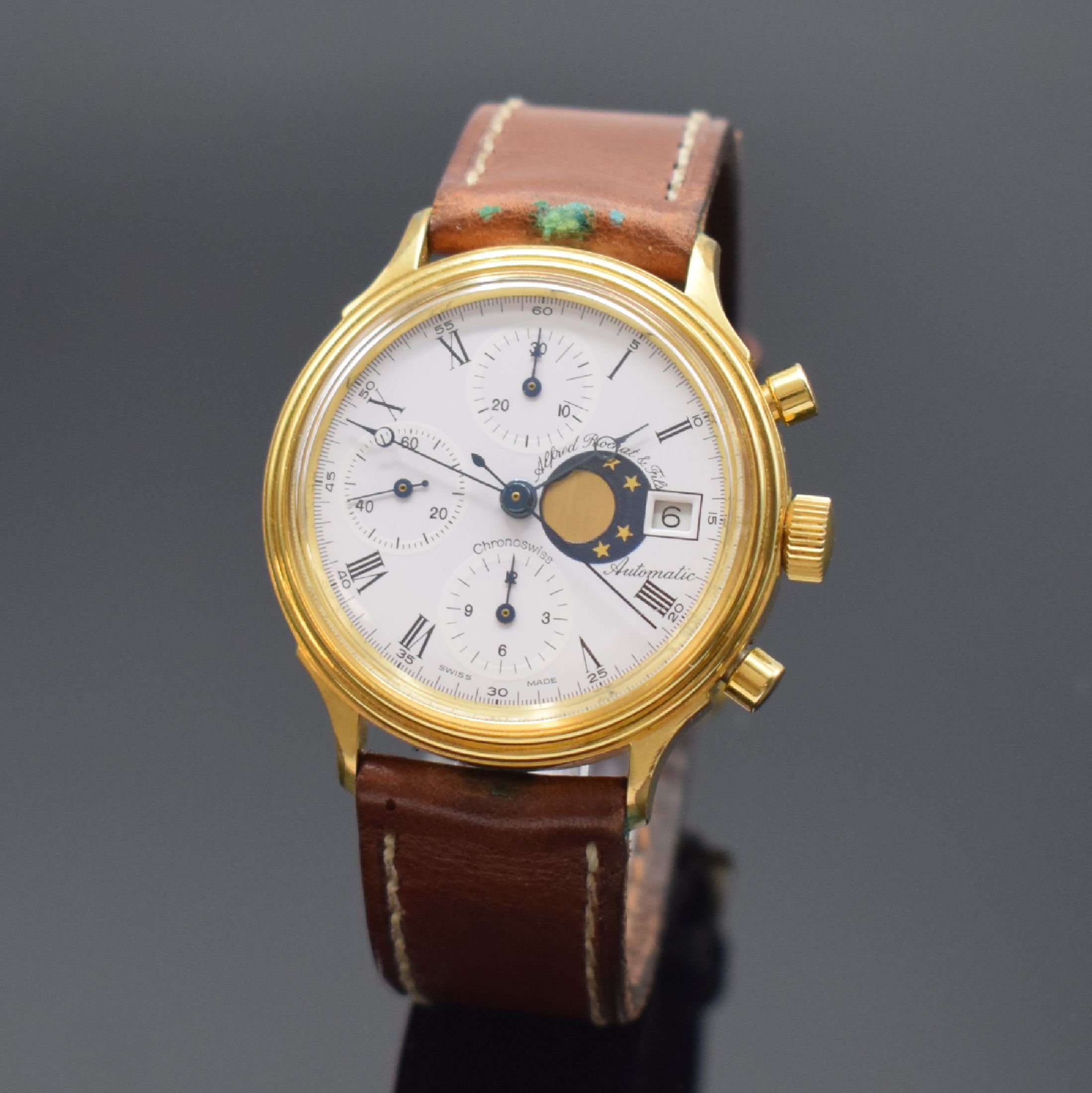 CHRONOSWISS / Alfred Rochat & Fils vergoldeter Armbandchronograph mit Mondphase, Schweiz lt. orig. Papier verk. 06/1986, Automatik, 2- tlg. Geh. m. ...