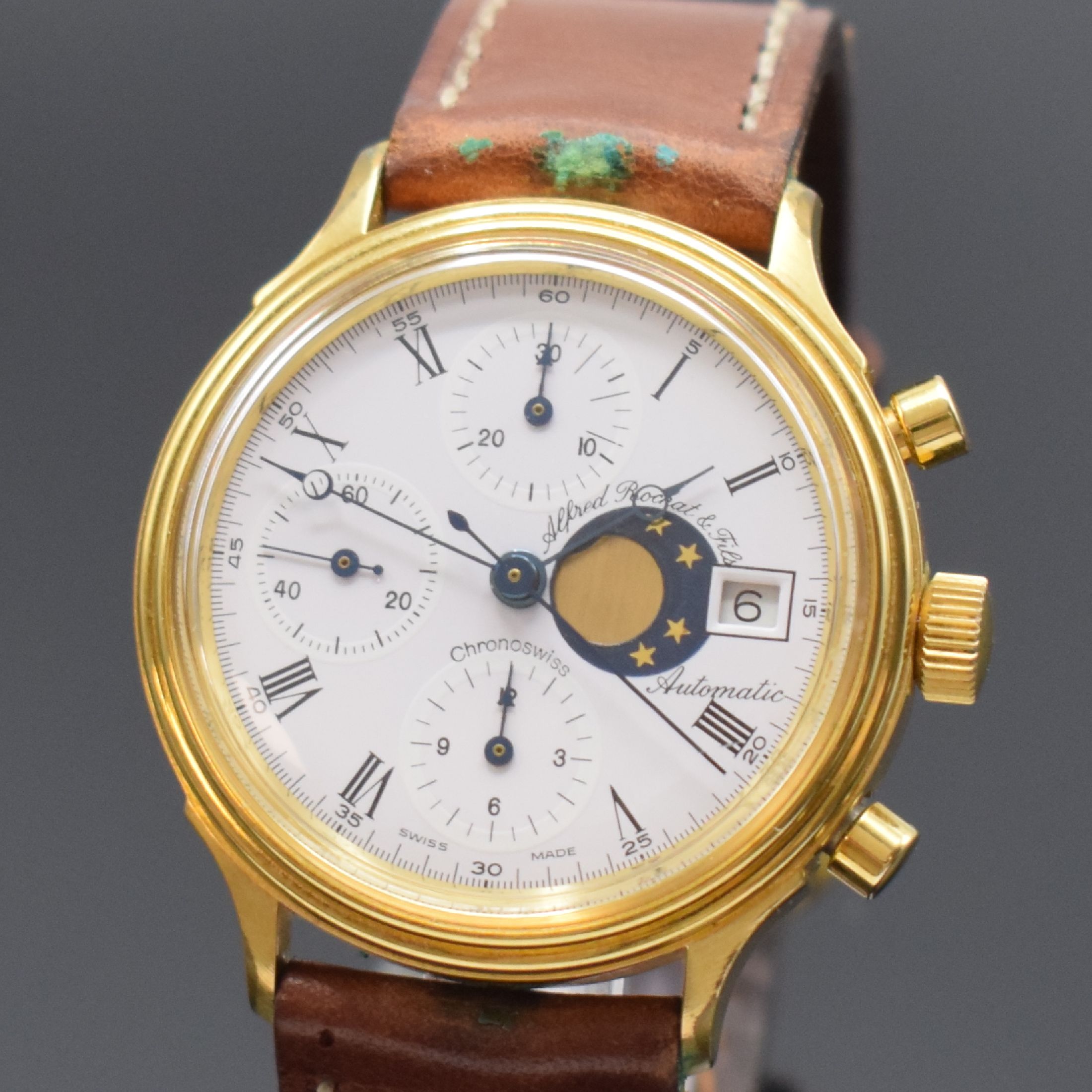 Detail a: CHRONOSWISS / Alfred Rochat & Fils vergoldeter Armbandchronograph mit Mondphase, Schweiz lt. orig. Papier verk. 06/1986, Automatik, 2- tlg. Geh. m. ...