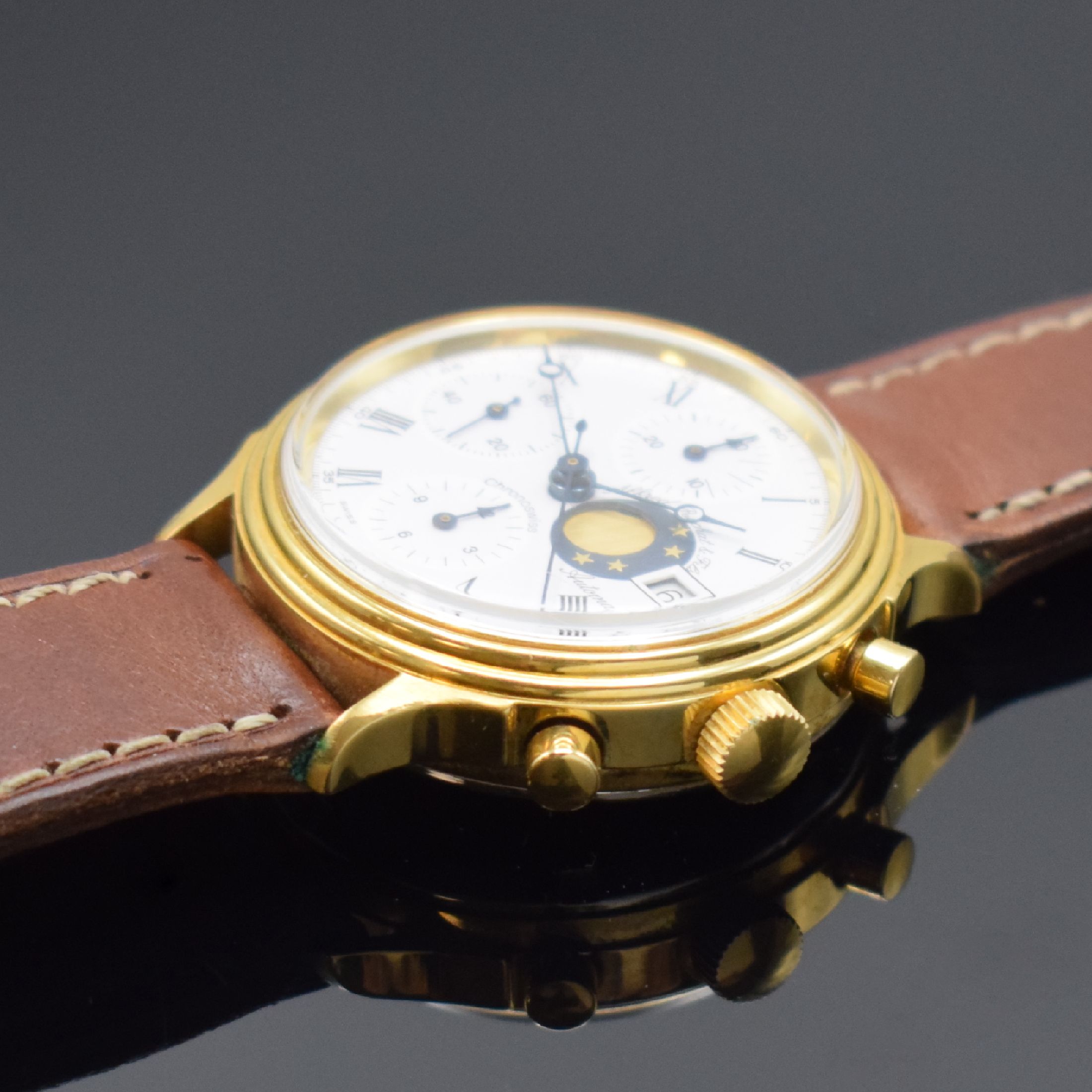 Detail b: CHRONOSWISS / Alfred Rochat & Fils vergoldeter Armbandchronograph mit Mondphase, Schweiz lt. orig. Papier verk. 06/1986, Automatik, 2- tlg. Geh. m. ...
