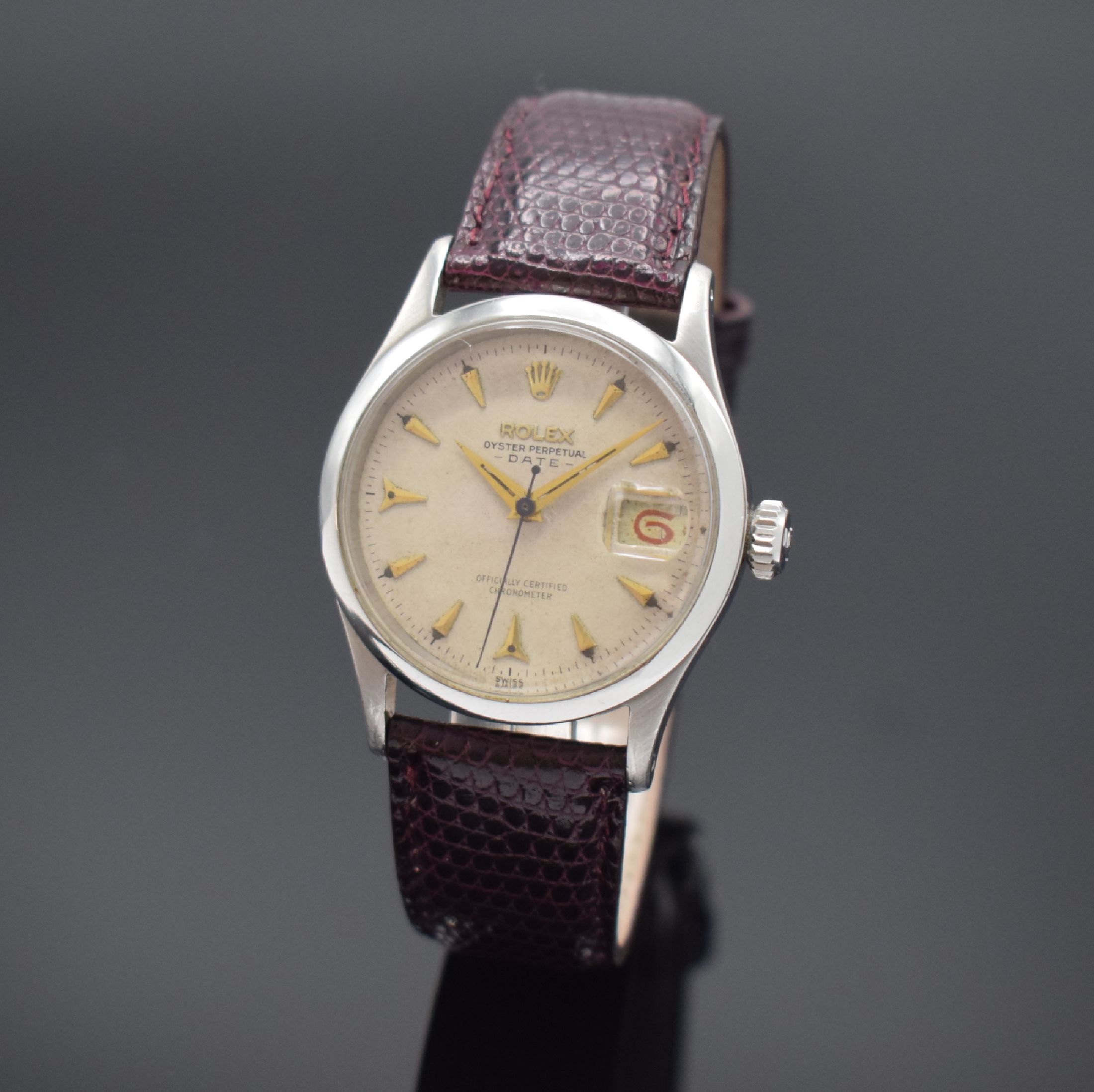 ROLEX Oyster Perpetual Date Herrenarmbanduhr in Stahl Referenz 6518, Schweiz IV. Quartal 1954 lt. Bodengravur, Automatik, verschr. Geh., silb. ...