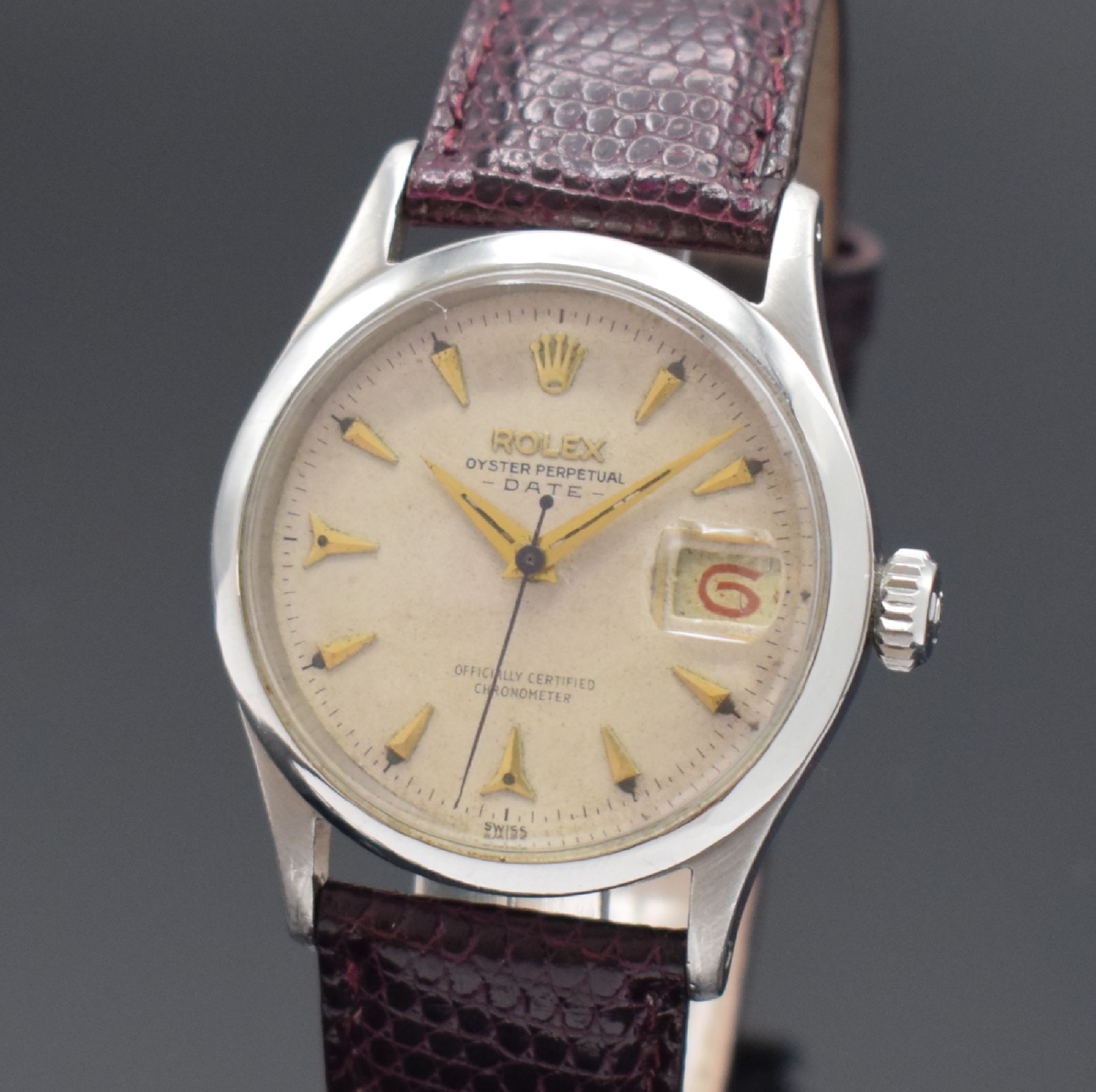 Detail a: ROLEX Oyster Perpetual Date Herrenarmbanduhr in Stahl Referenz 6518, Schweiz IV. Quartal 1954 lt. Bodengravur, Automatik, verschr. Geh., silb. ...